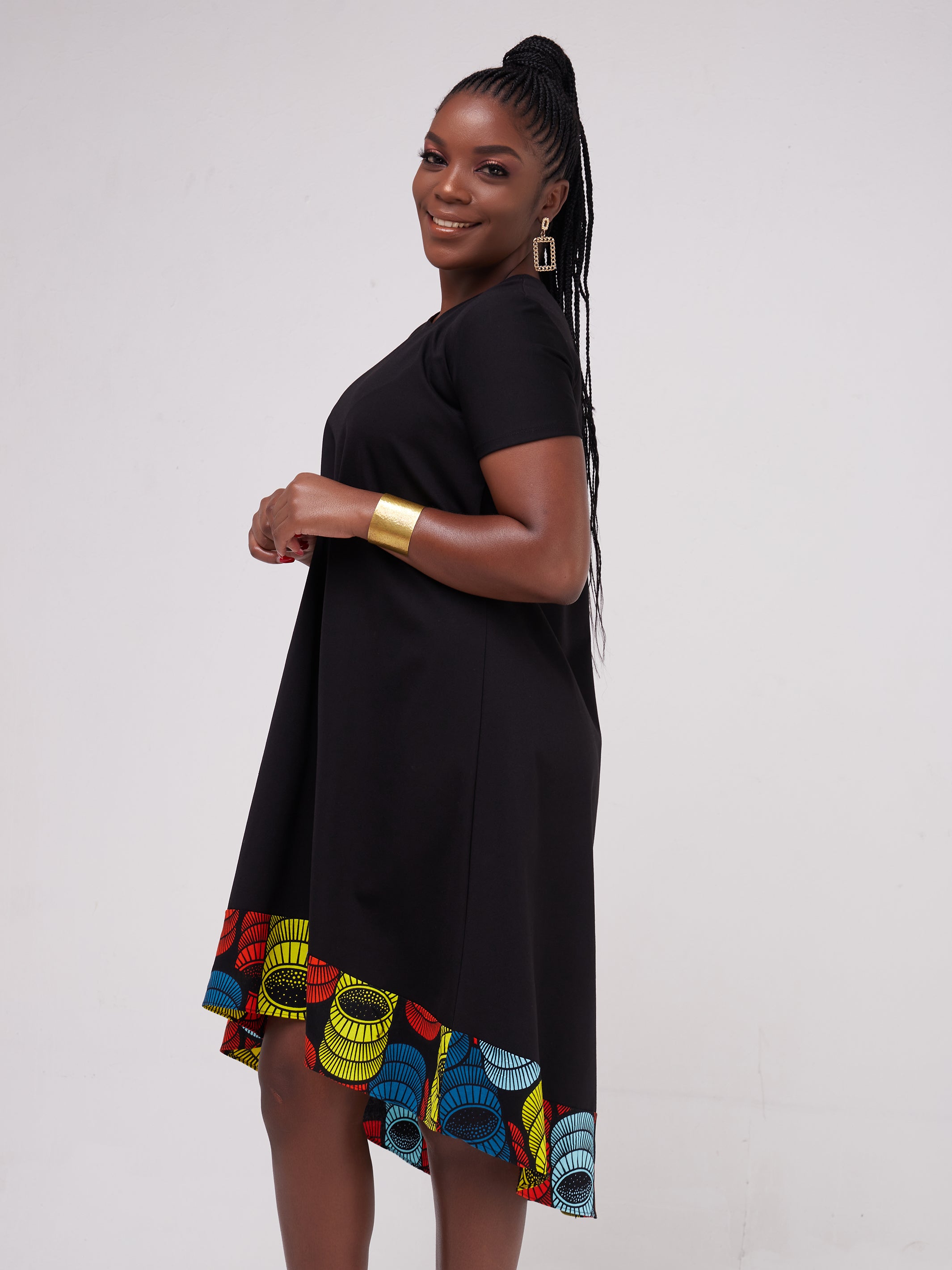 Vivo Mali High Low Dress - Black / Yellow Print