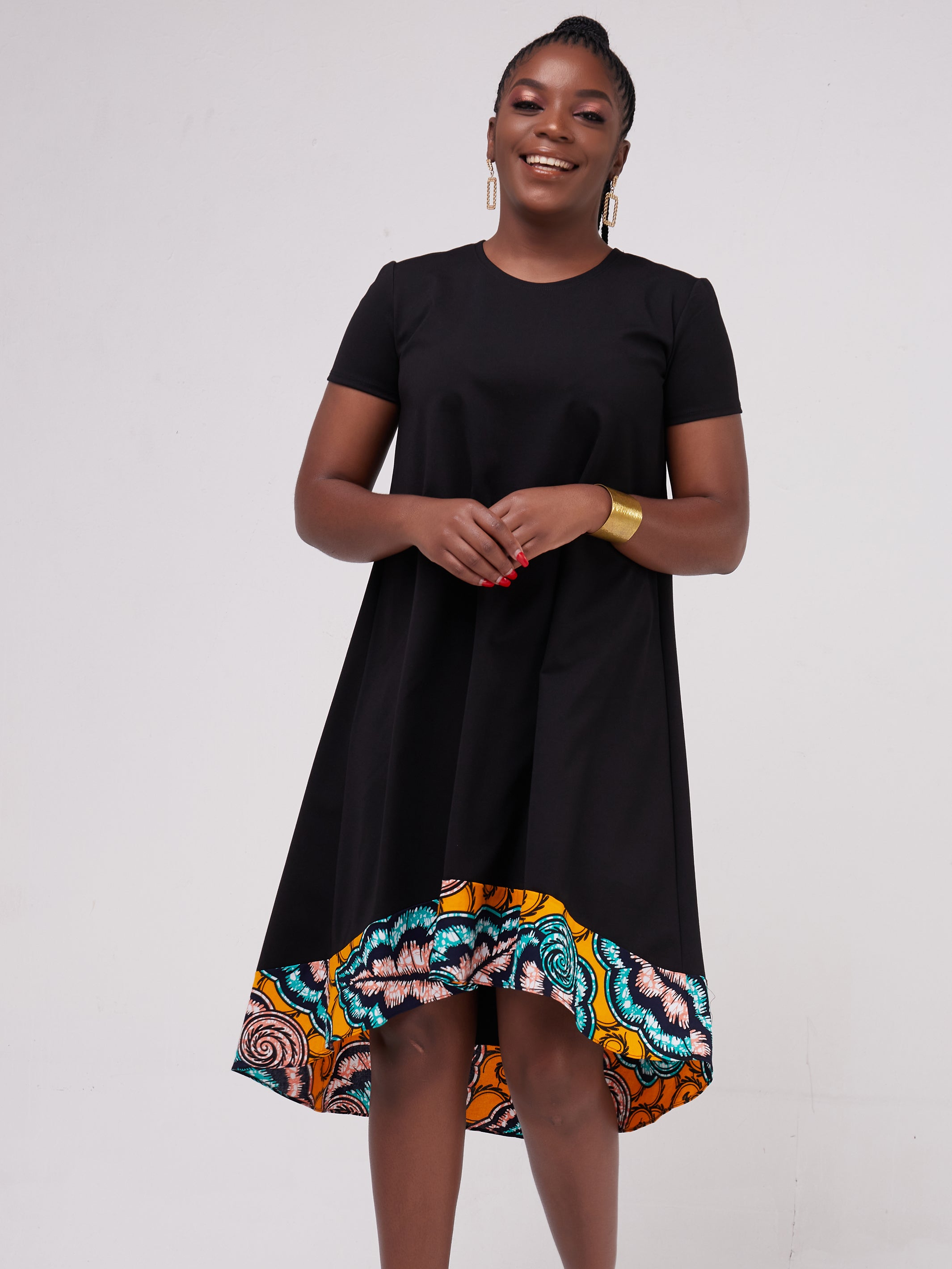 Vivo Mali High Low Dress - Black / Sea Green Print