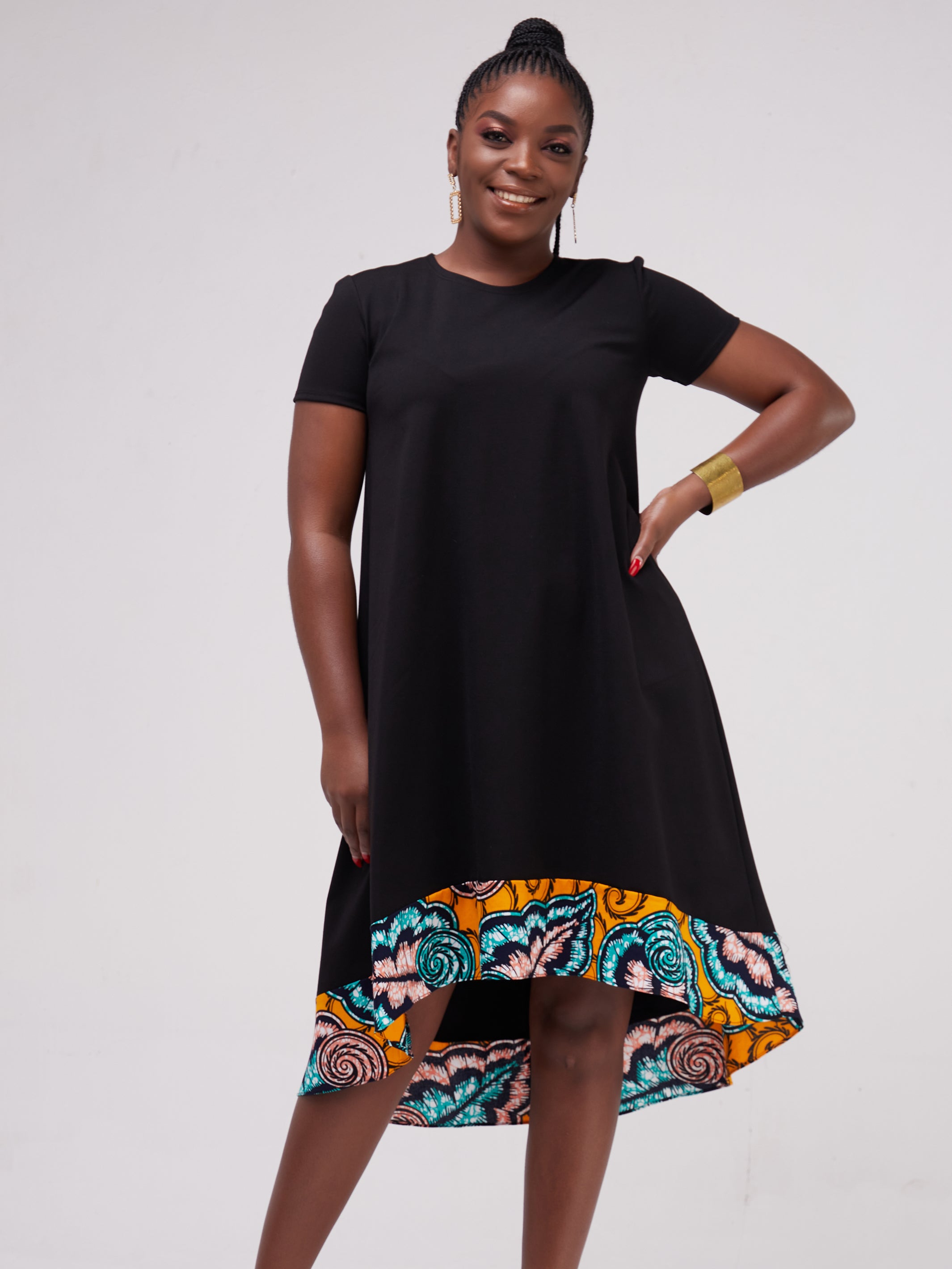 Vivo Mali High Low Dress - Black / Sea Green Print