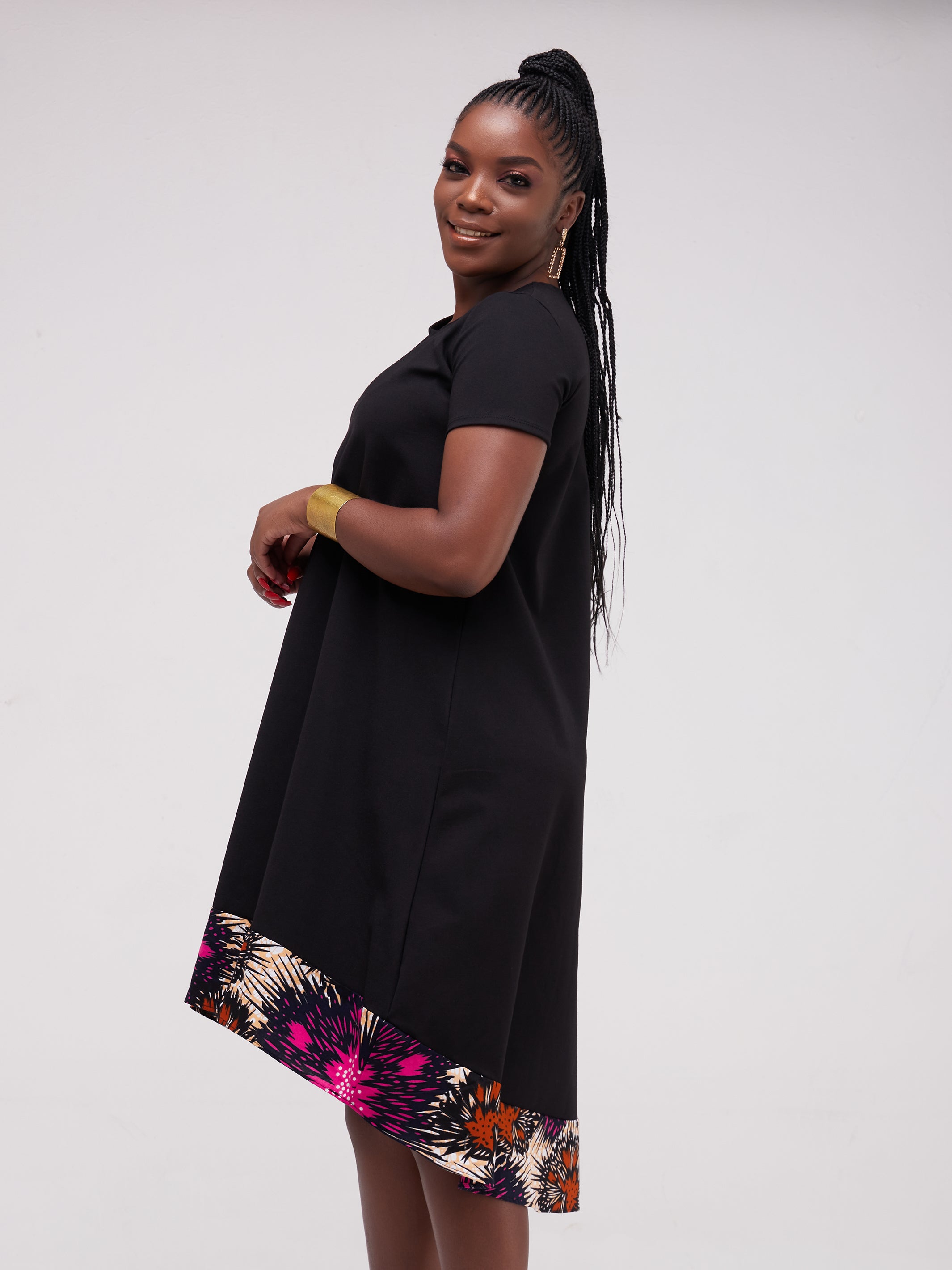 Vivo Mali High Low Dress - Black / Pink Print