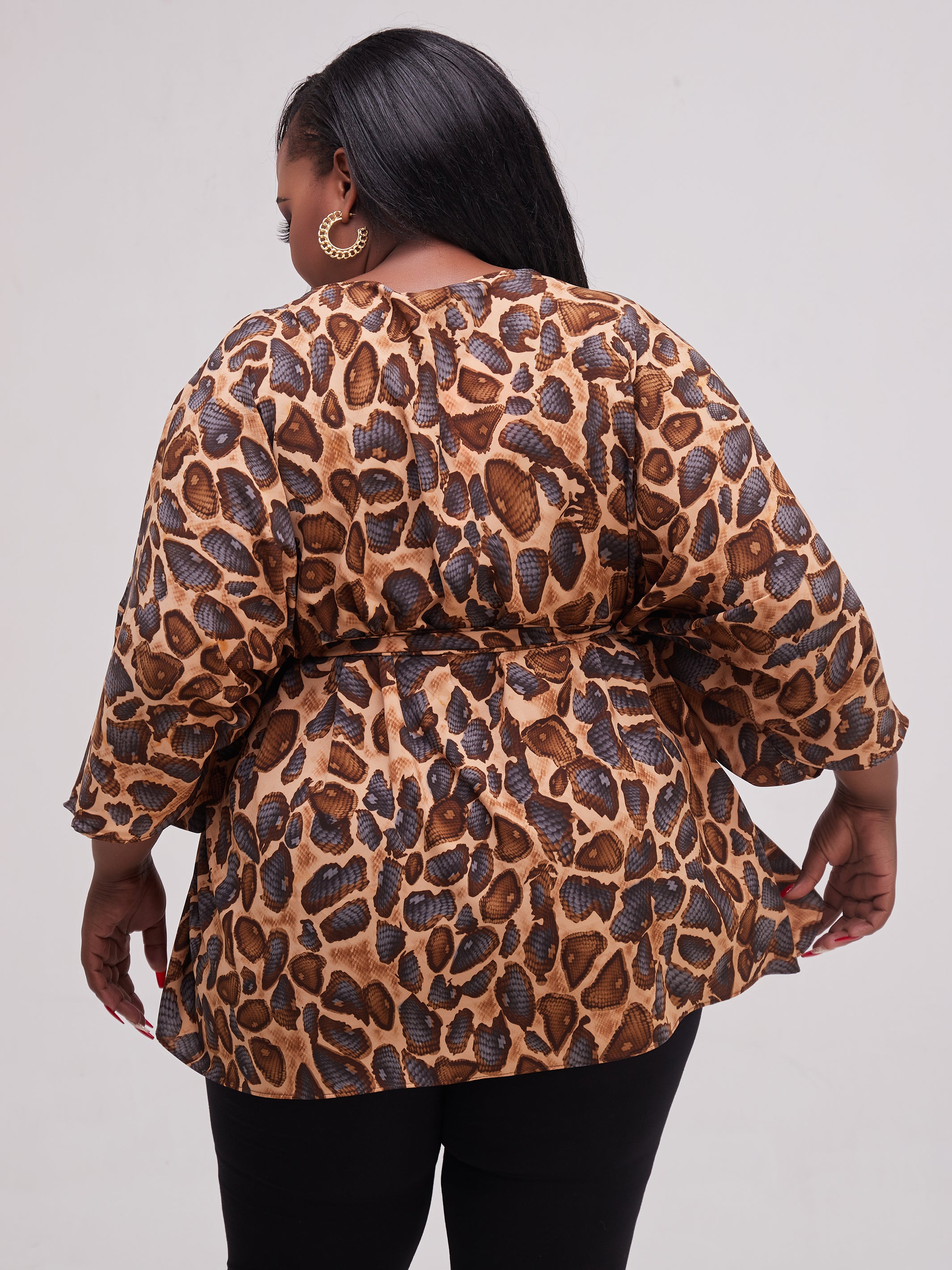 Safari Maisha Wide Loose Top - Brown / Navy Snake Print