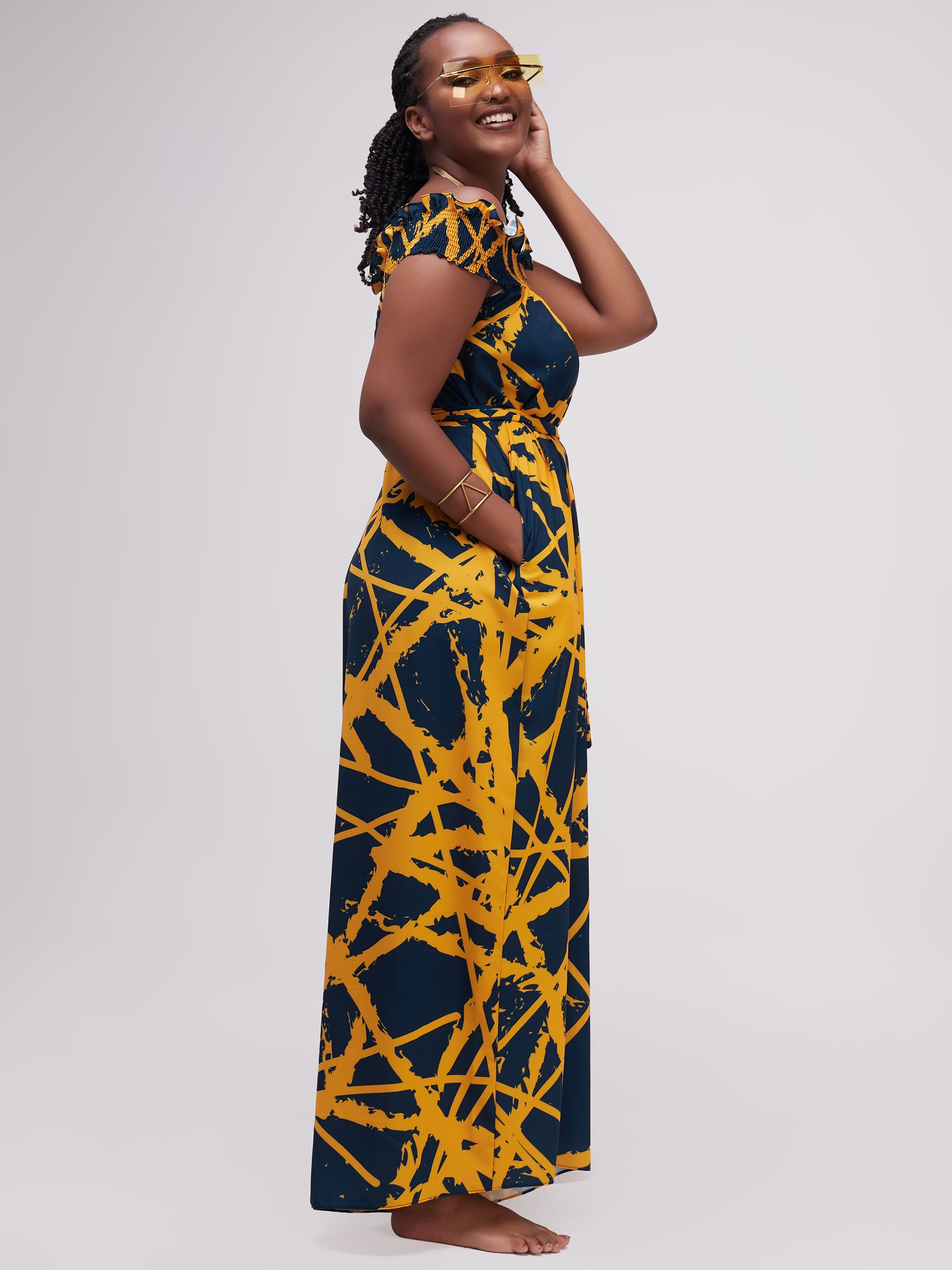 Vivo Alek Shirred Off- Shoulder Jumpsuit - Mustard / Teal Print