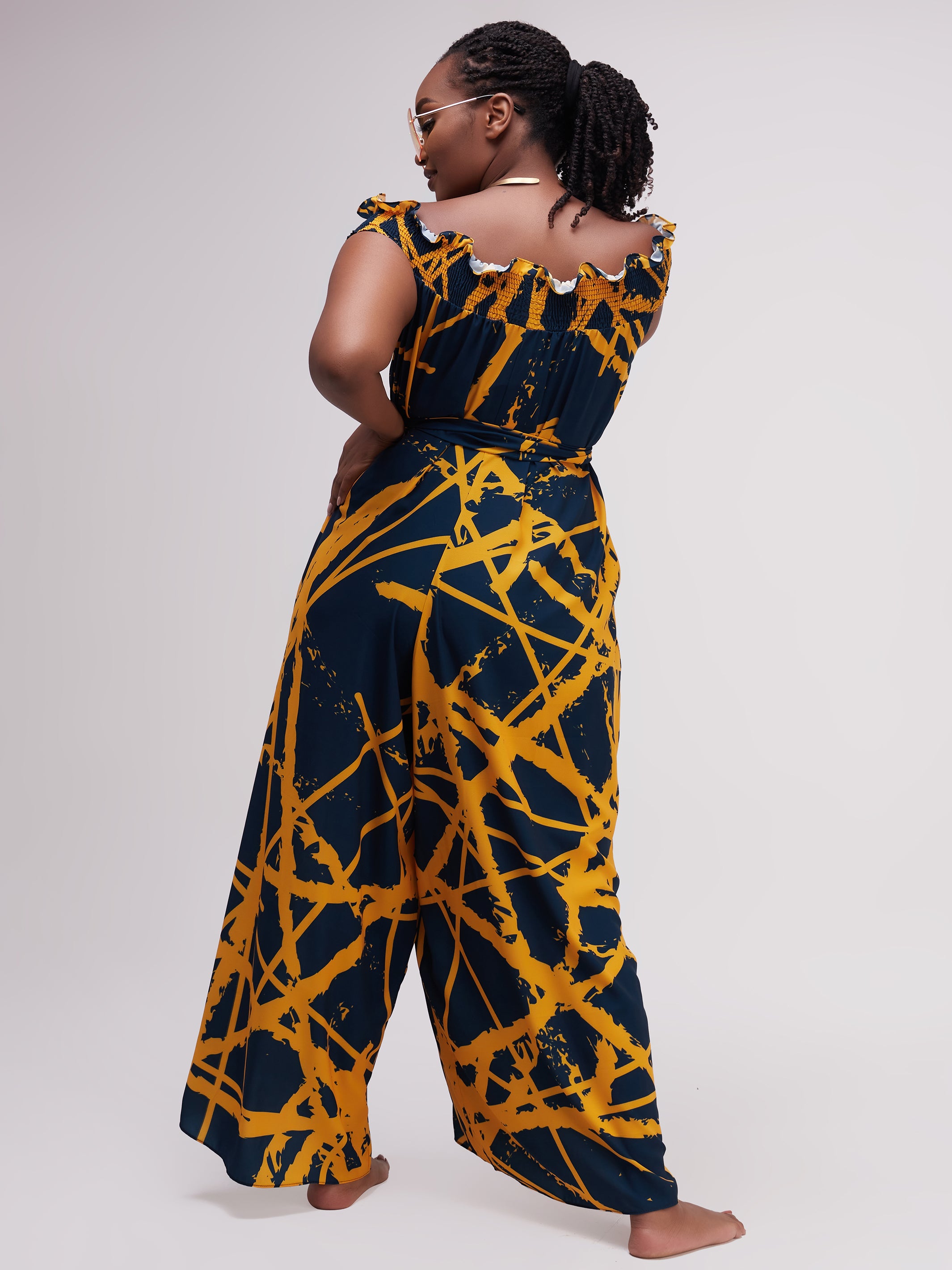 Vivo Alek Shirred Off- Shoulder Jumpsuit - Mustard / Teal Print