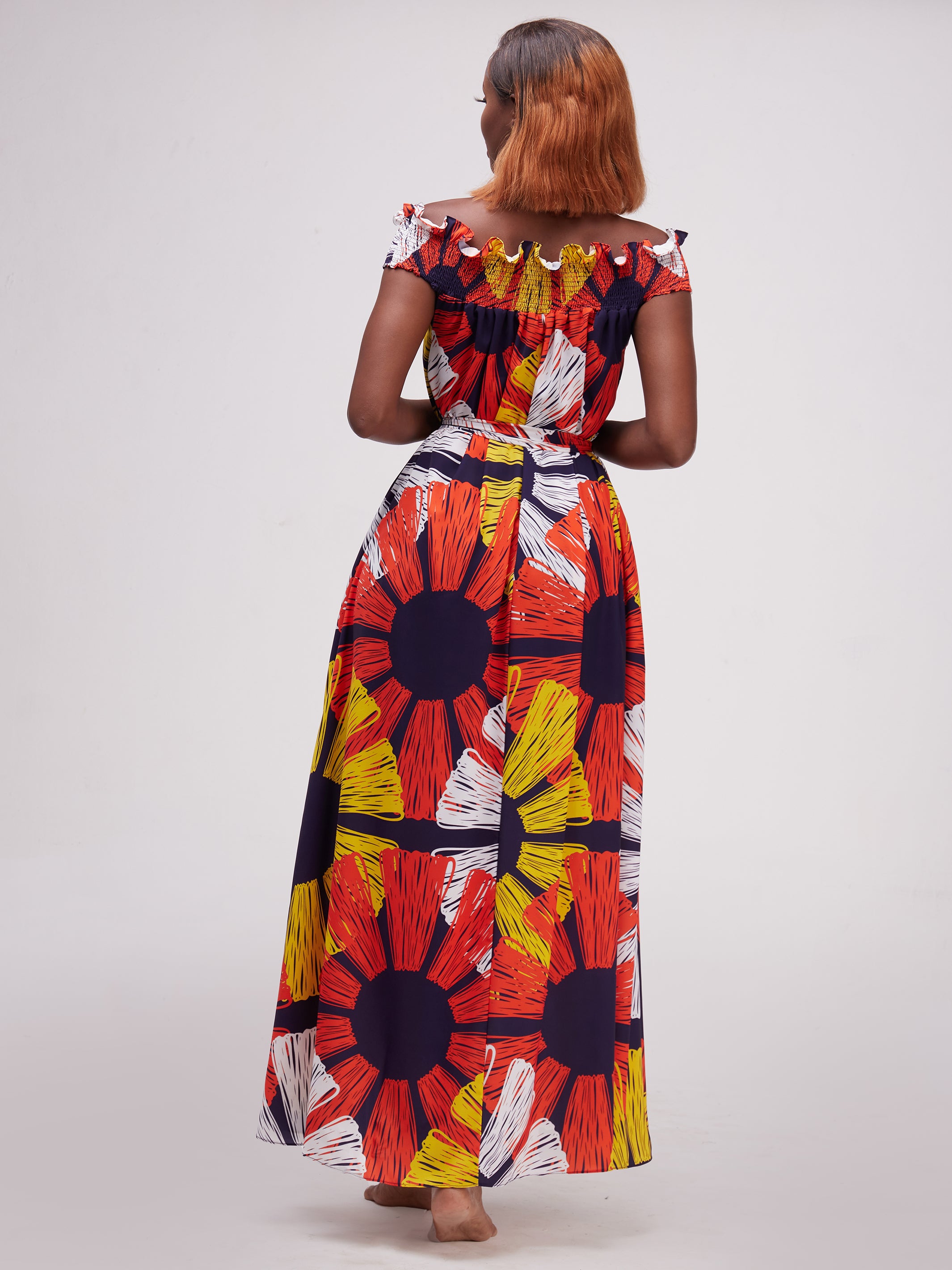 Vivo Alek Off-Shoulder Maxi Dress - Orange / Mustard Print