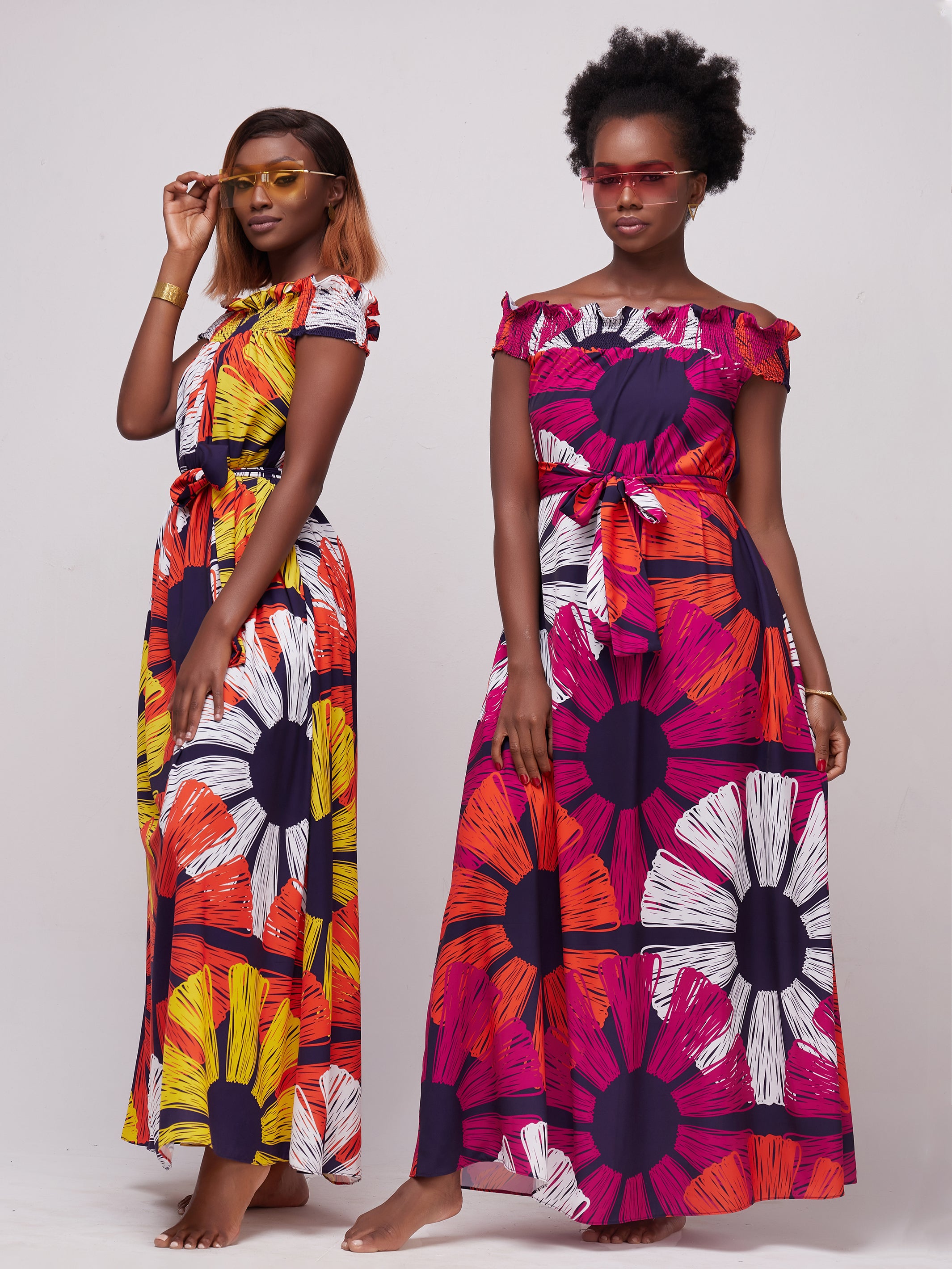 Vivo Alek Off-Shoulder Maxi Dress - Orange / Mustard Print