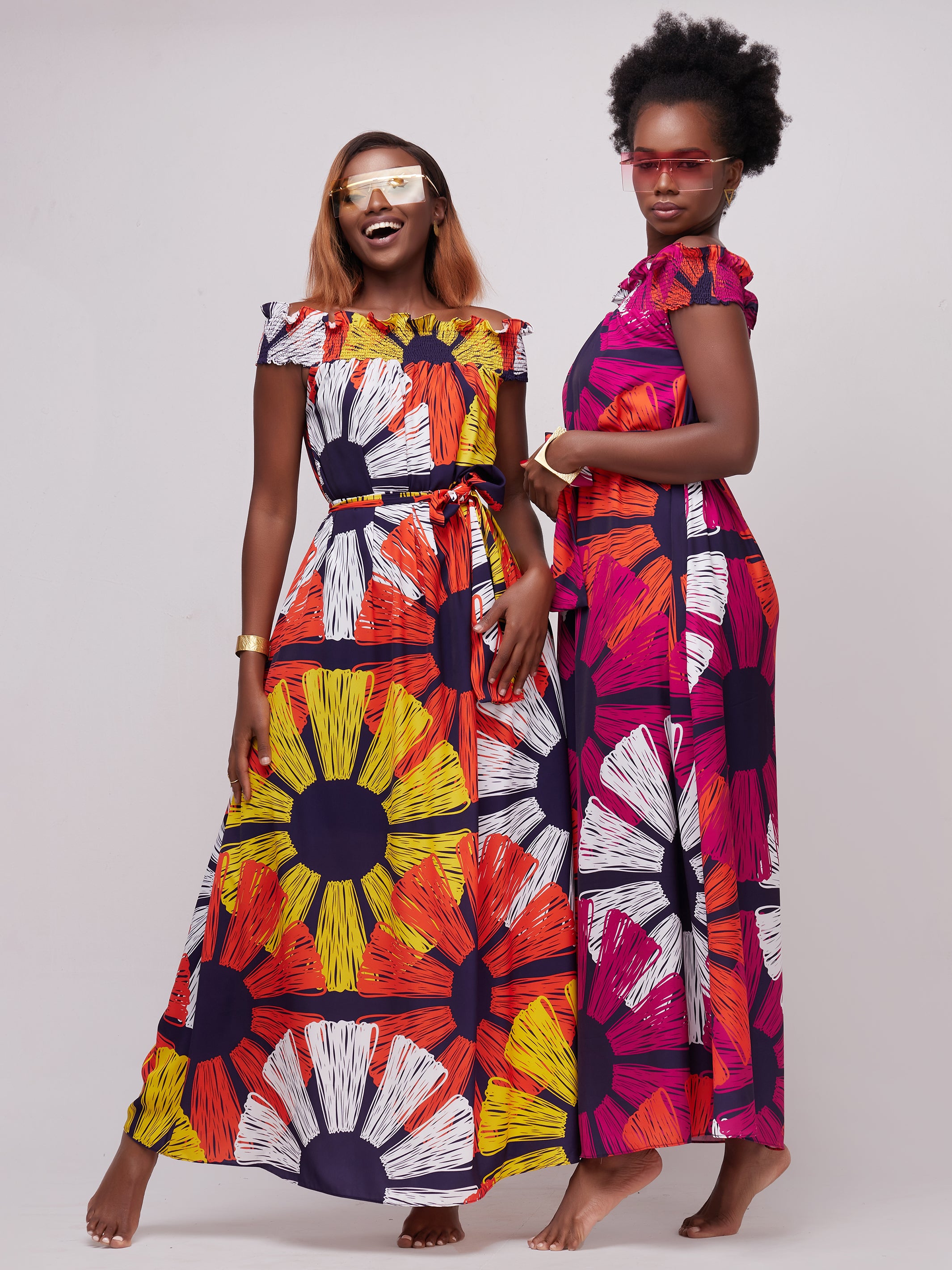 Vivo Alek Off-Shoulder Maxi Dress - Orange / Pink Print