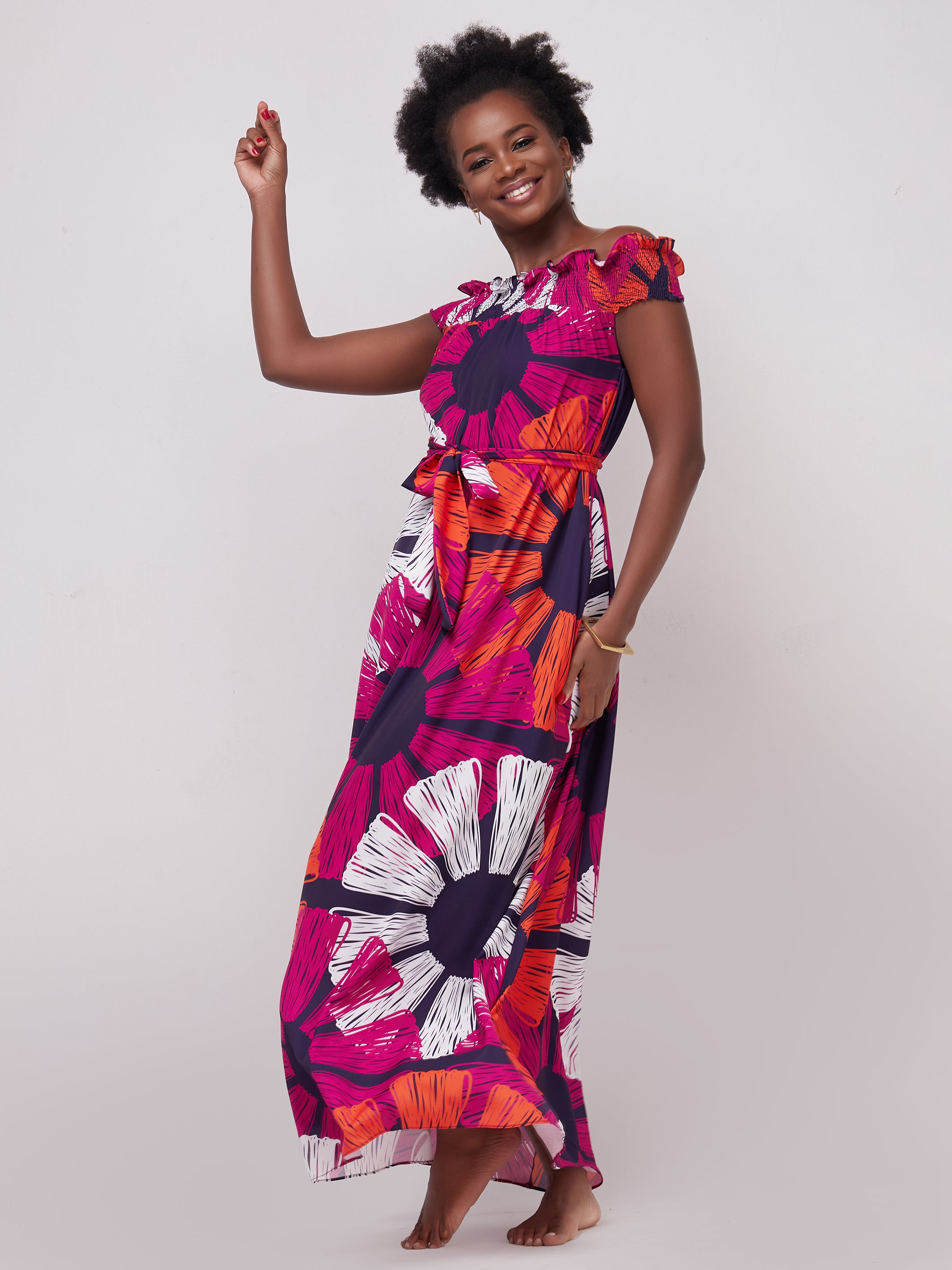 Vivo Alek Off-Shoulder Maxi Dress - Orange / Pink Print