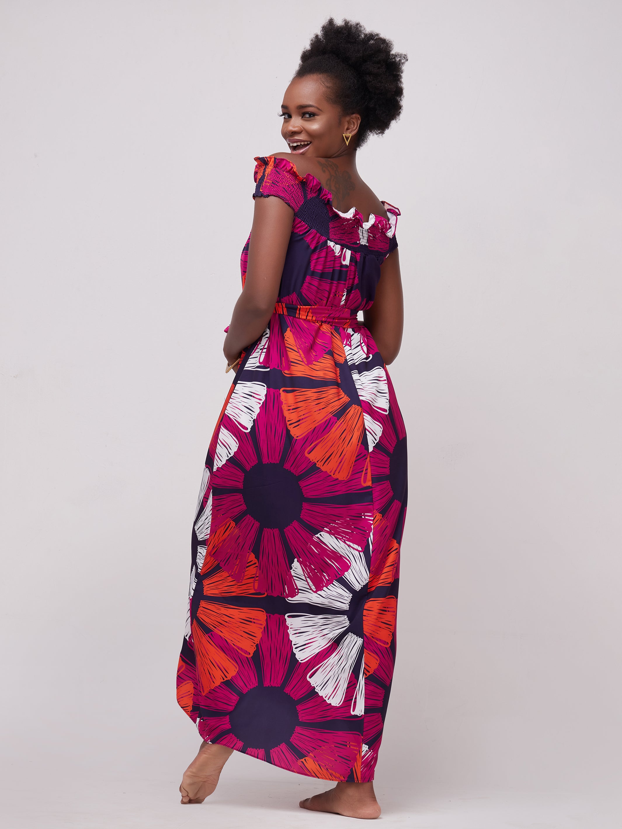 Vivo Alek Off-Shoulder Maxi Dress - Orange / Pink Print