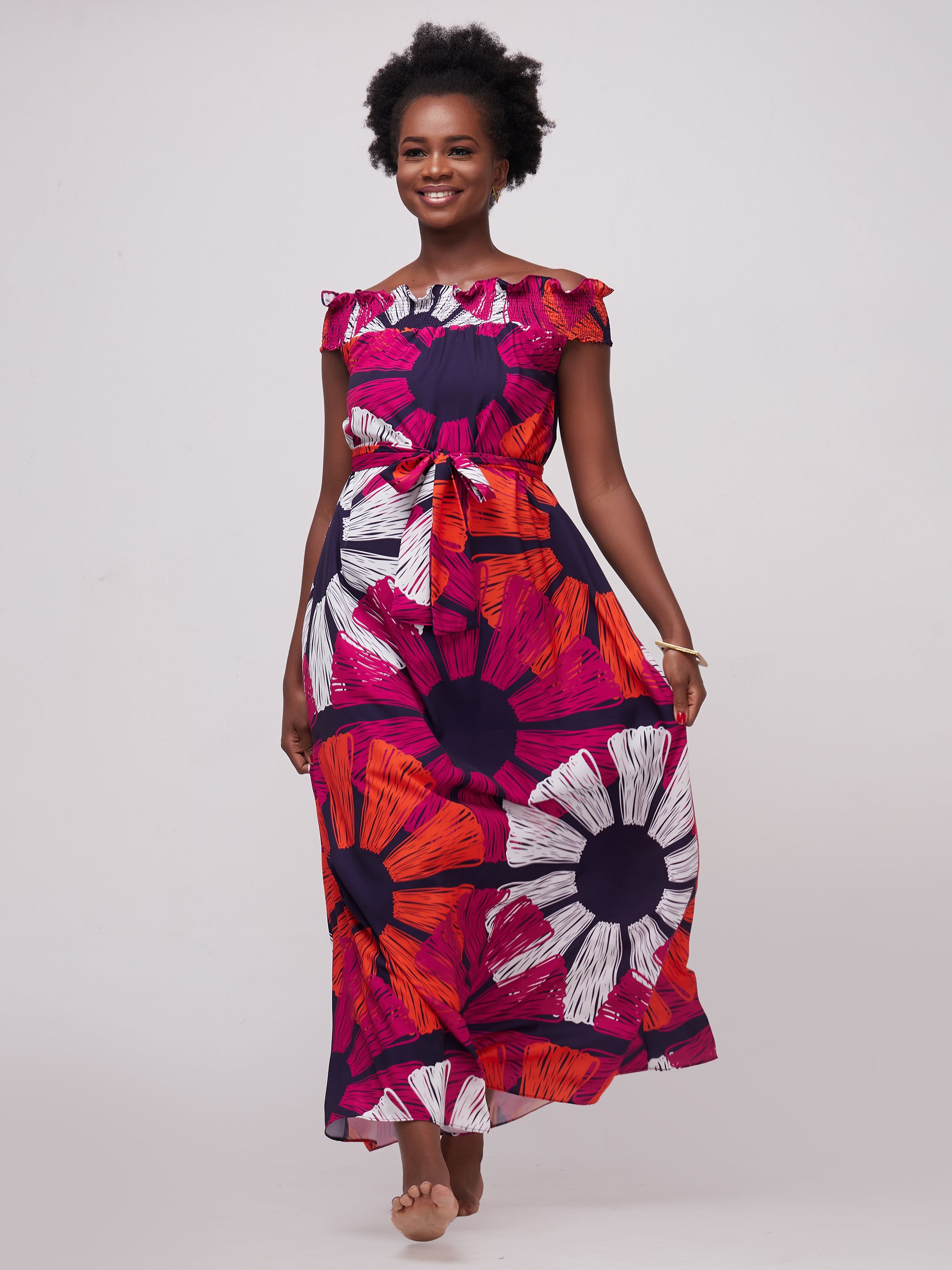 Vivo Alek Off-Shoulder Maxi Dress - Orange / Pink Print