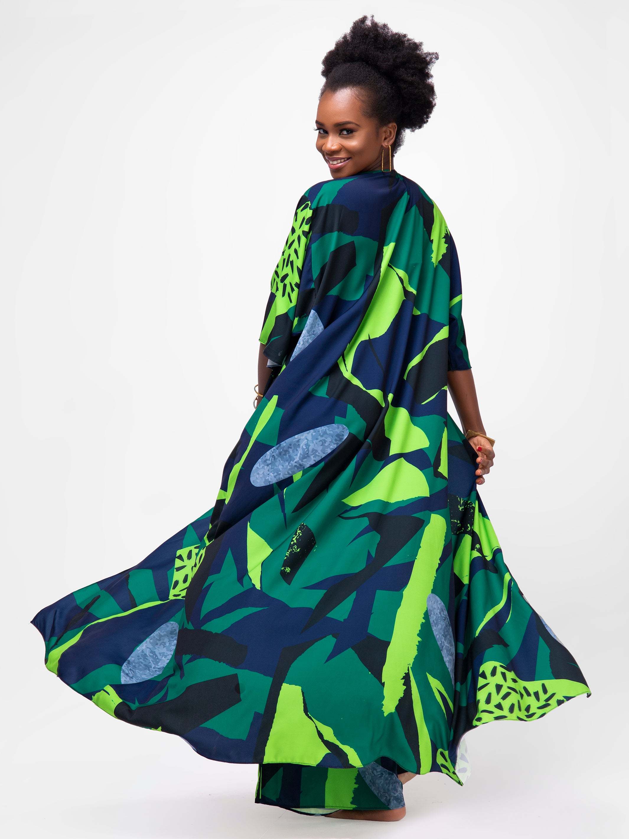 Vivo Alek 3/4 Sleeve A-Line Maxi Kimono - Green Print