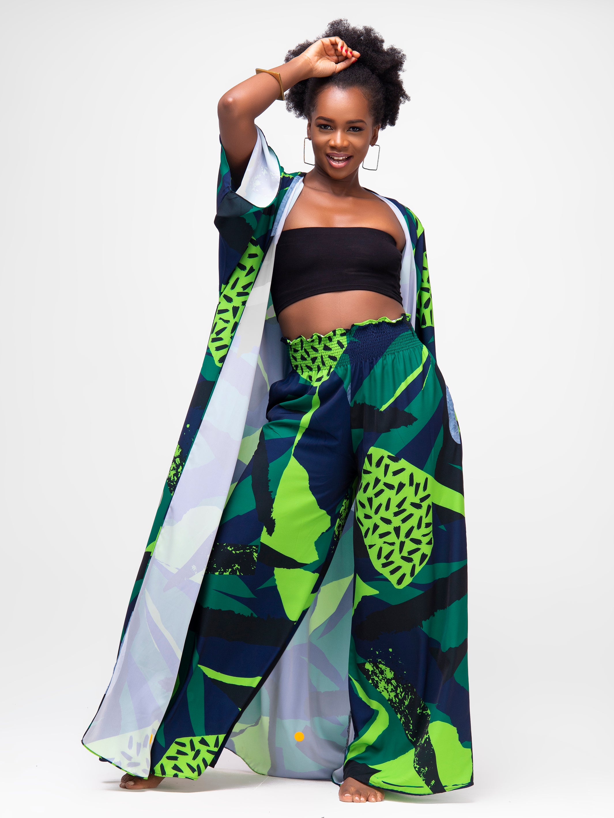 Vivo Alek 3/4 Sleeve A-Line Maxi Kimono - Green Print