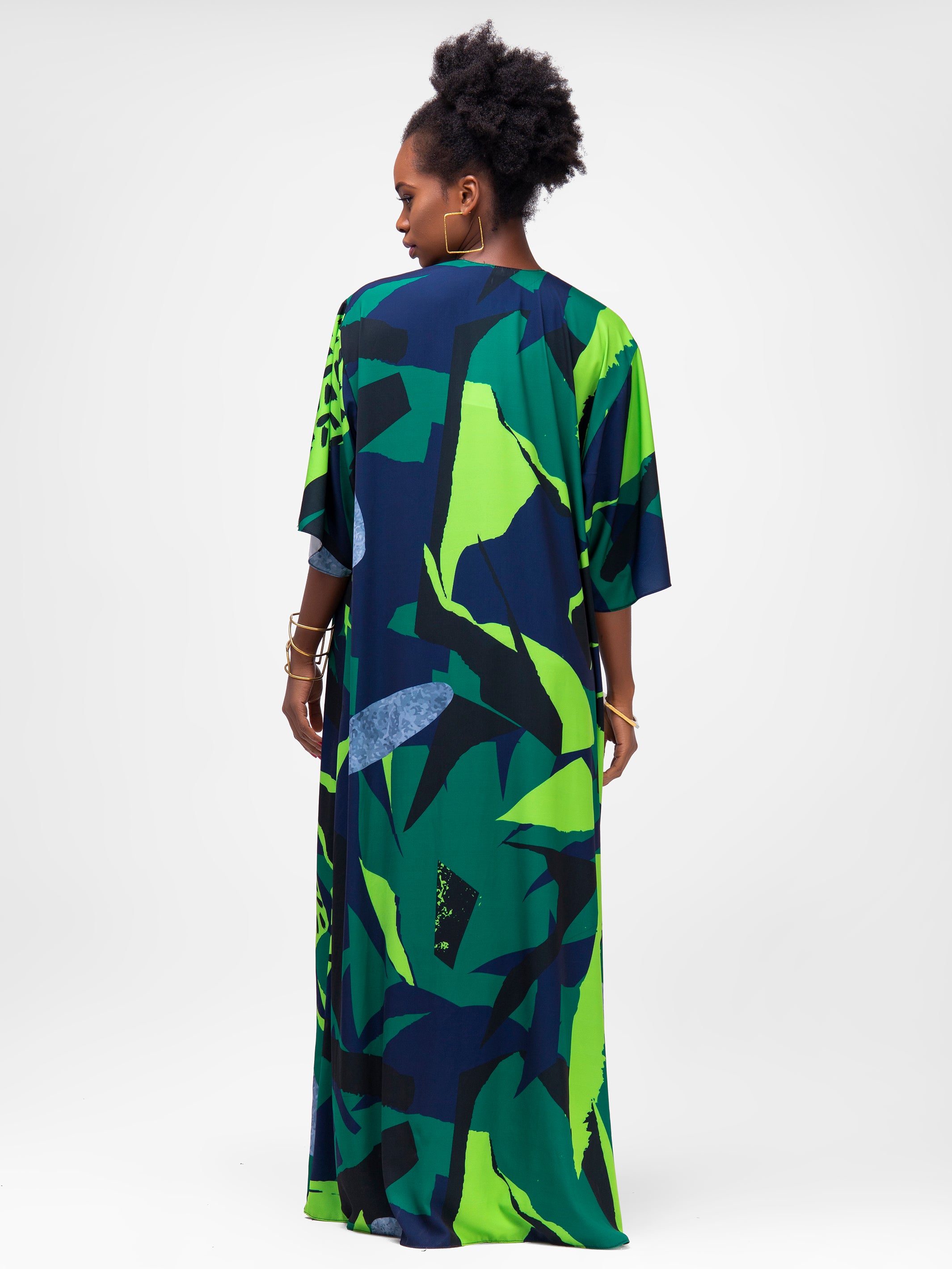 Vivo Alek 3/4 Sleeve A-Line Maxi Kimono - Green Print