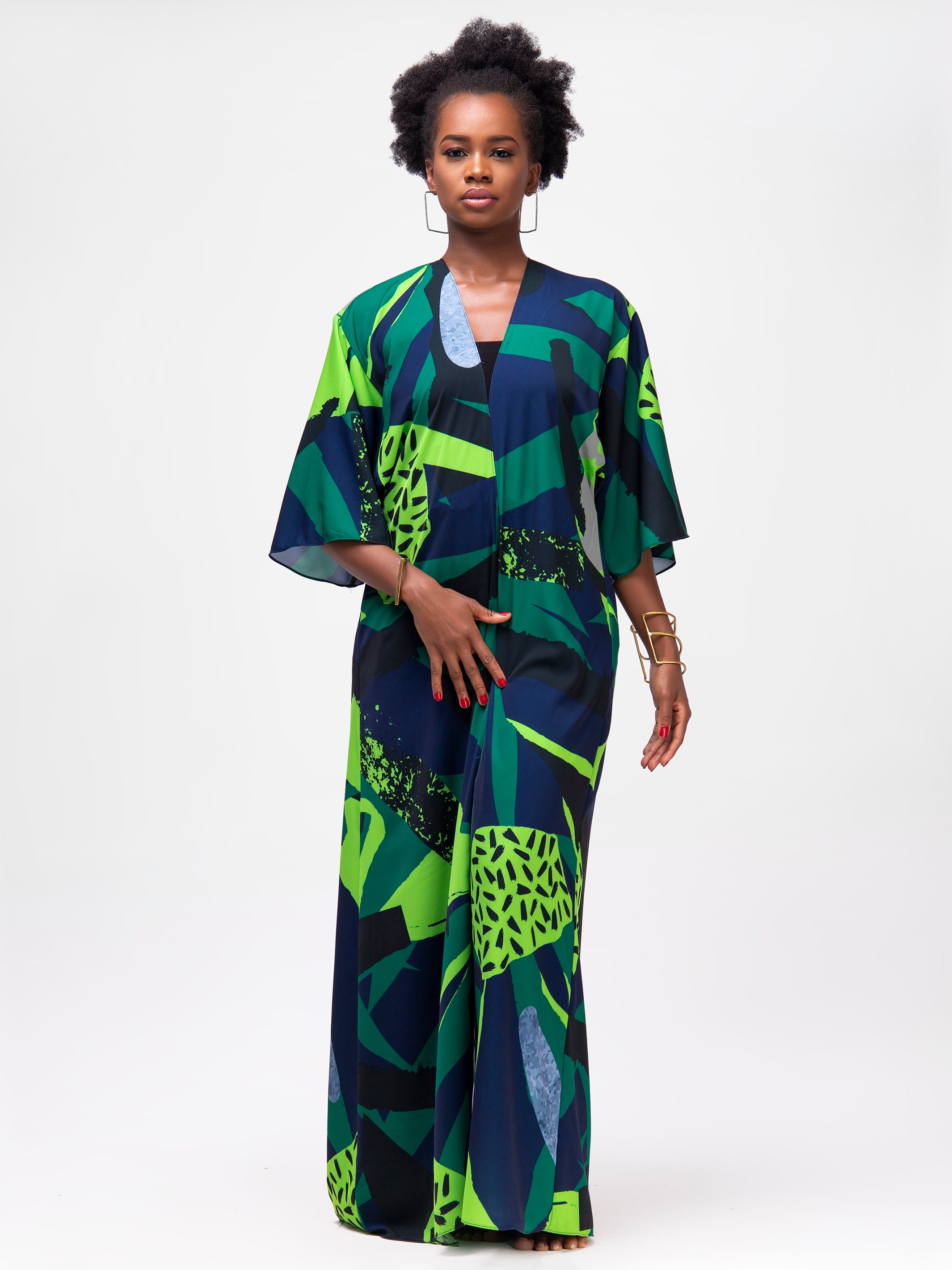 Vivo Alek 3/4 Sleeve A-Line Maxi Kimono - Green Print