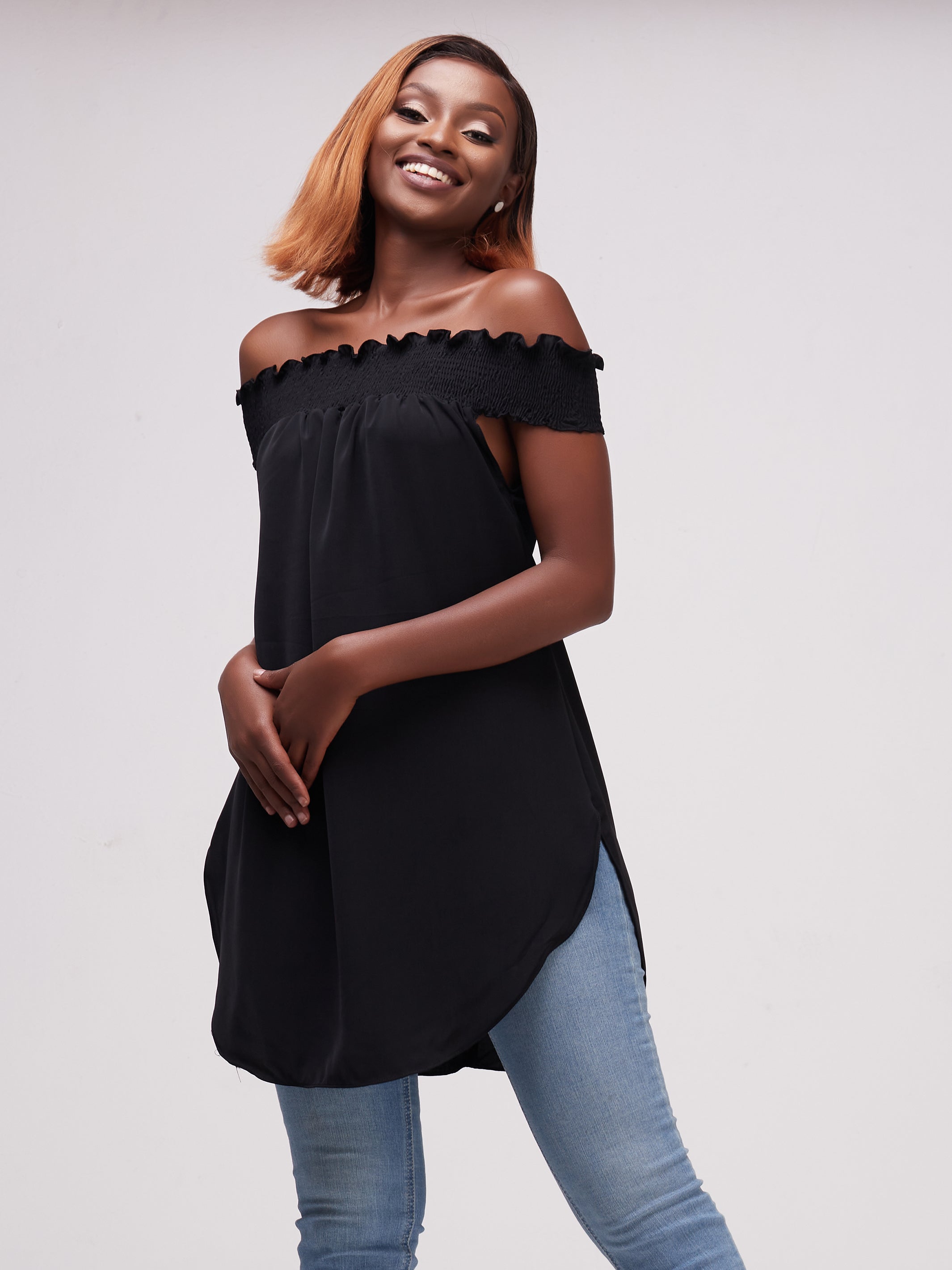 Vivo Alek Off-Shoulder Scalloped Hem Top - Black