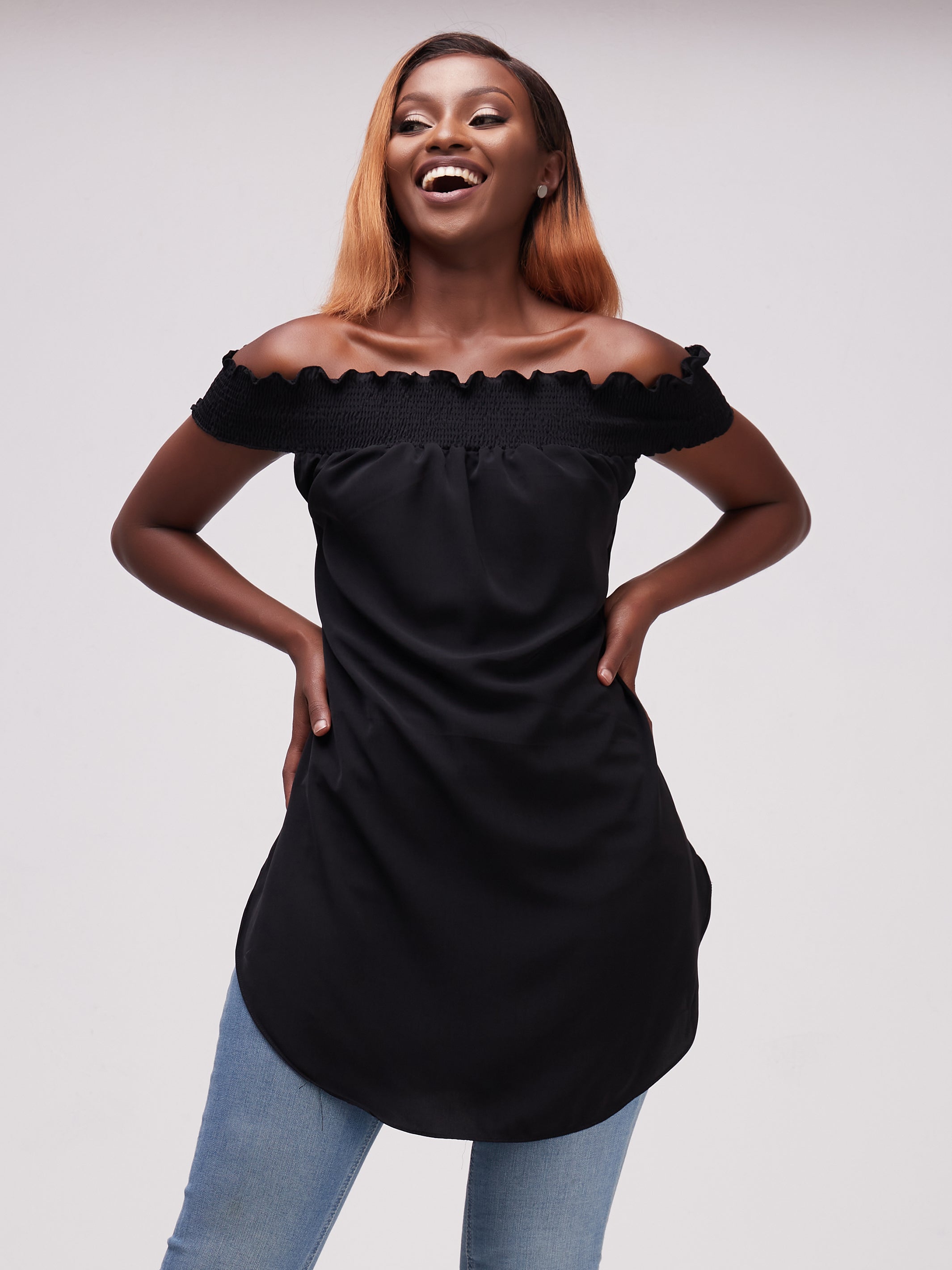 Vivo Alek Off-Shoulder Scalloped Hem Top - Black