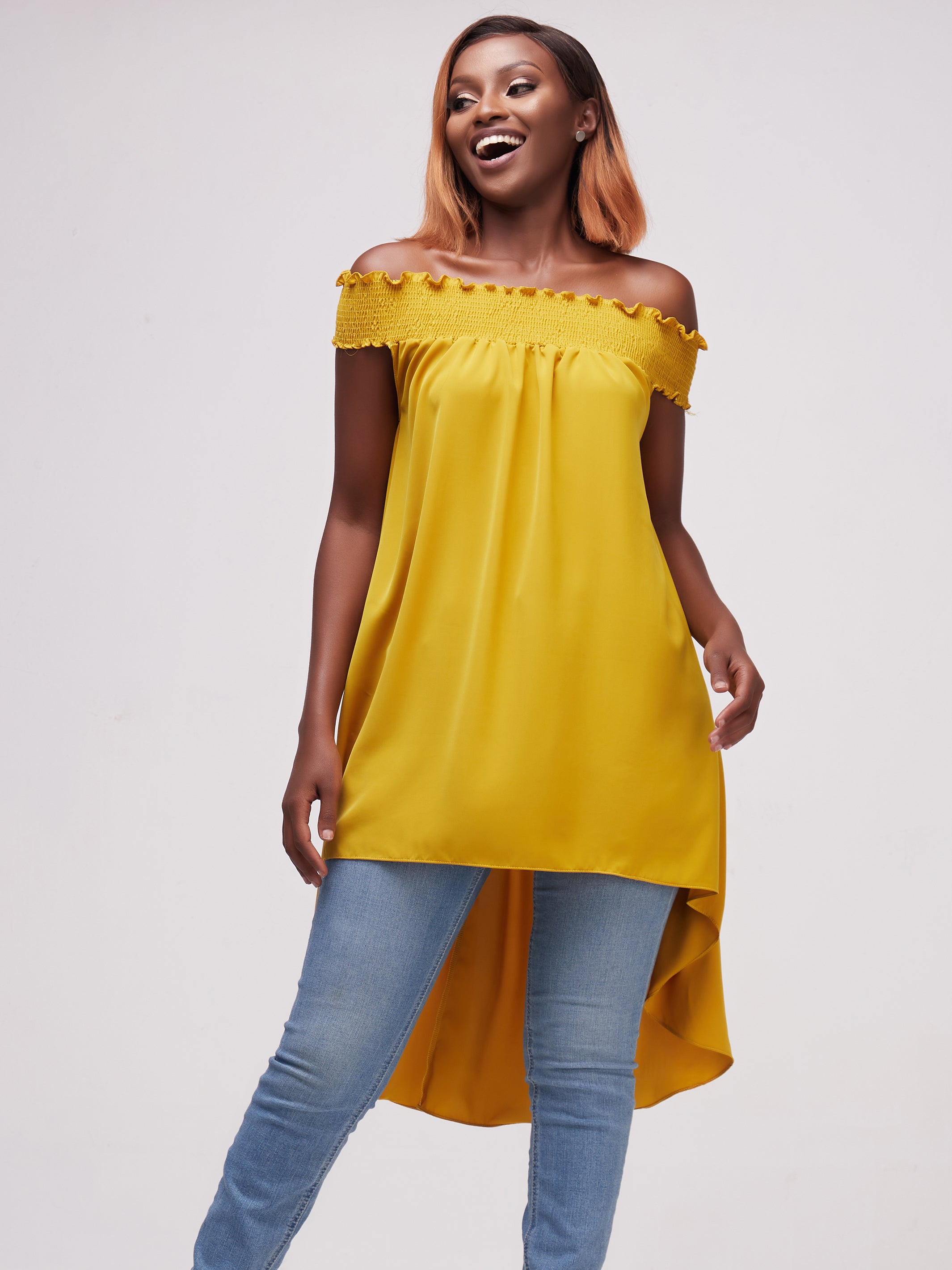 Vivo Alek Off Shoulder High-Low Top - Mustard