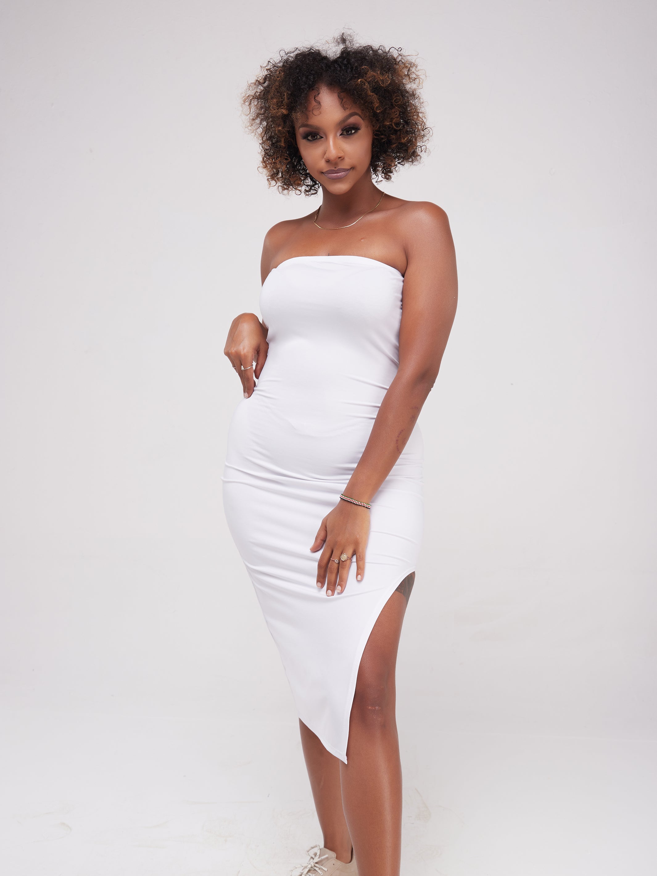 Zoya Essentials Strapless Side Cut Midi Bodycon - White