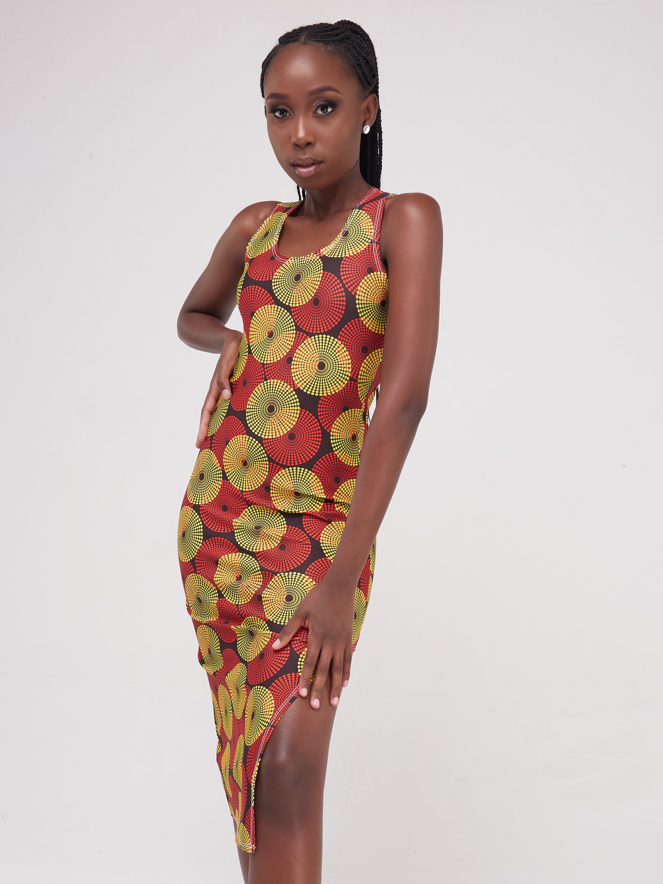 Zoya Essentials Racer Back Side Cut Midi Bodycon - Yellow Ankara