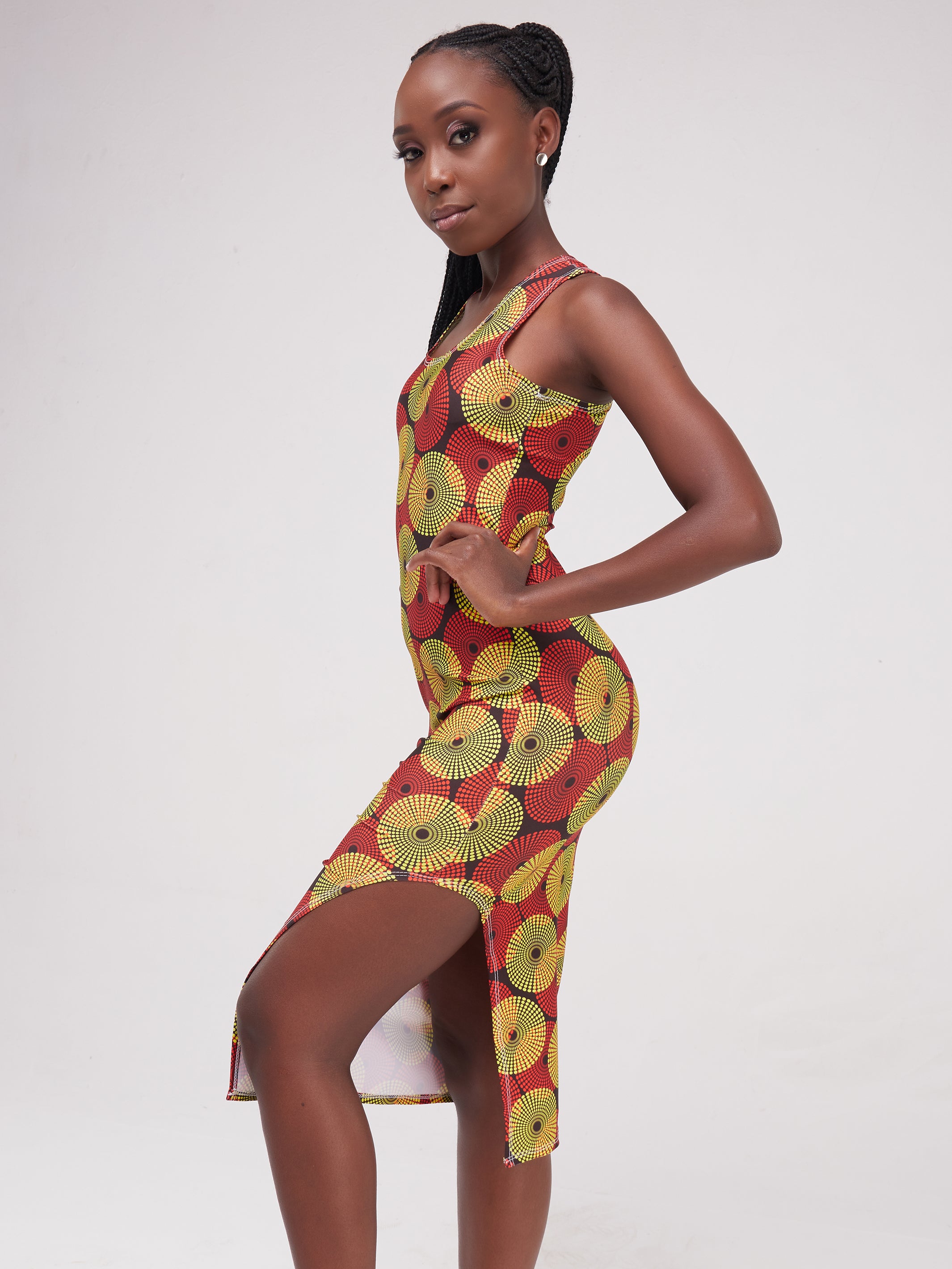 Zoya Essentials Racer Back Side Cut Midi Bodycon - Yellow Ankara