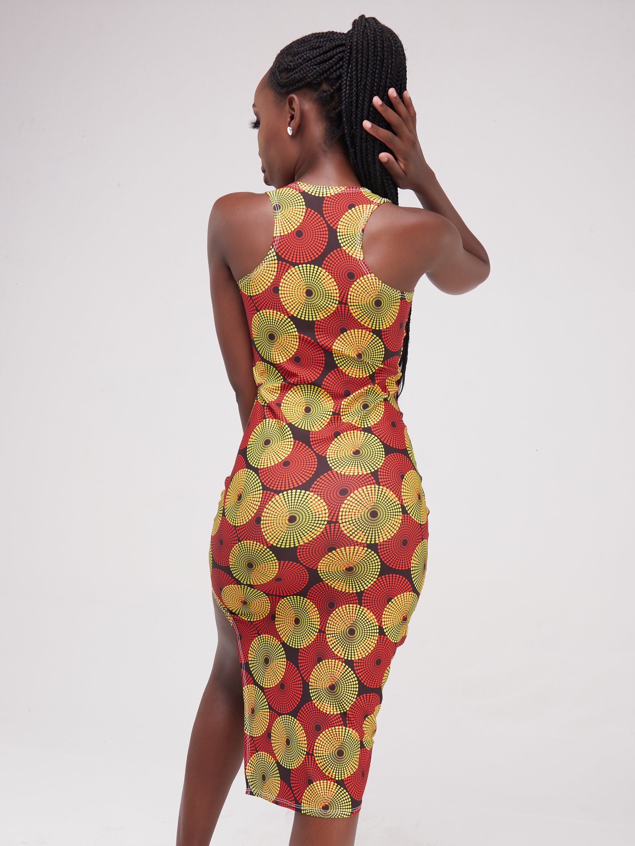 Zoya Essentials Racer Back Side Cut Midi Bodycon - Yellow Ankara