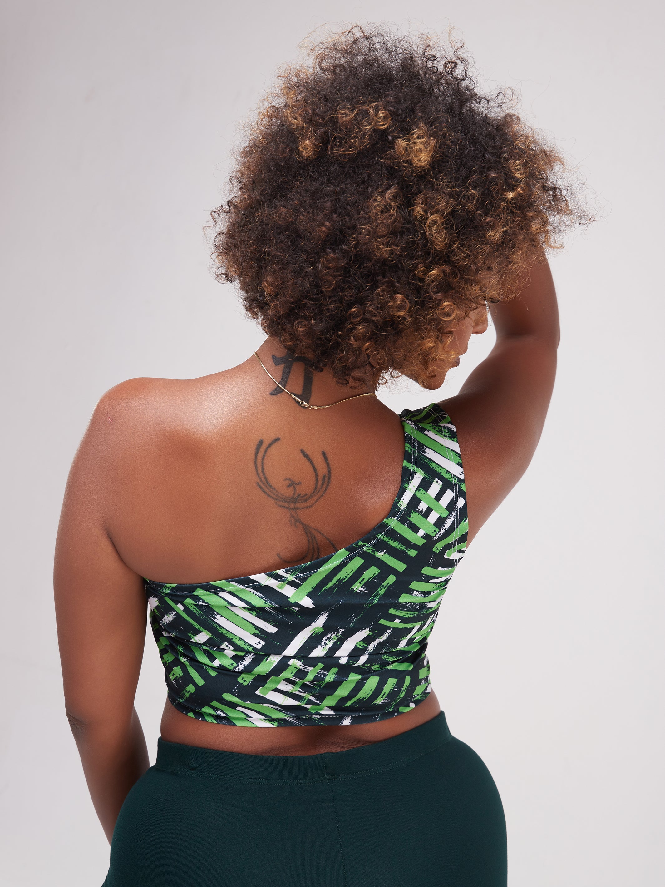 Zoya Essentials One Shoulder Crop Top - Green Abstract