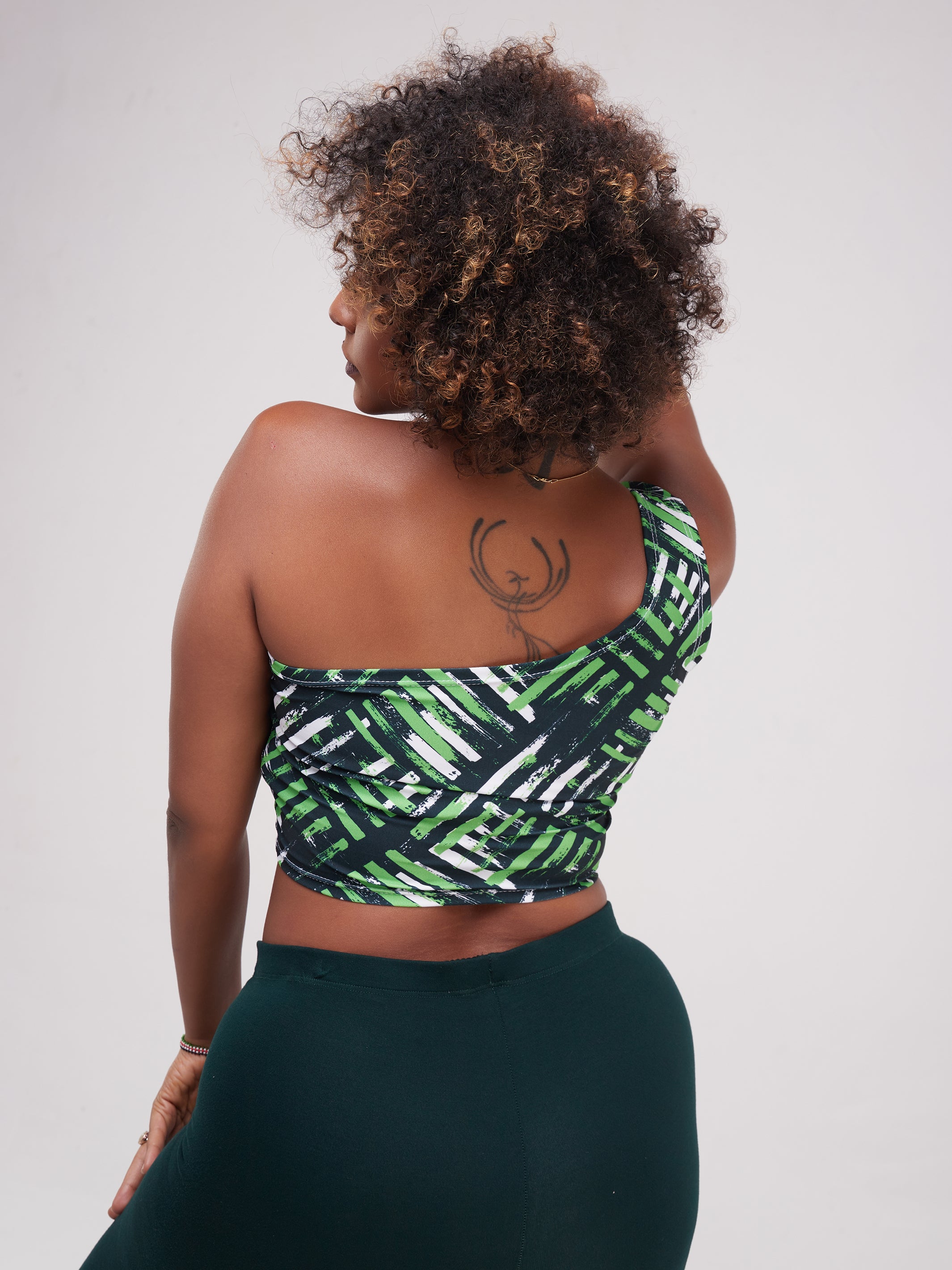 Zoya Essentials One Shoulder Crop Top - Green Abstract