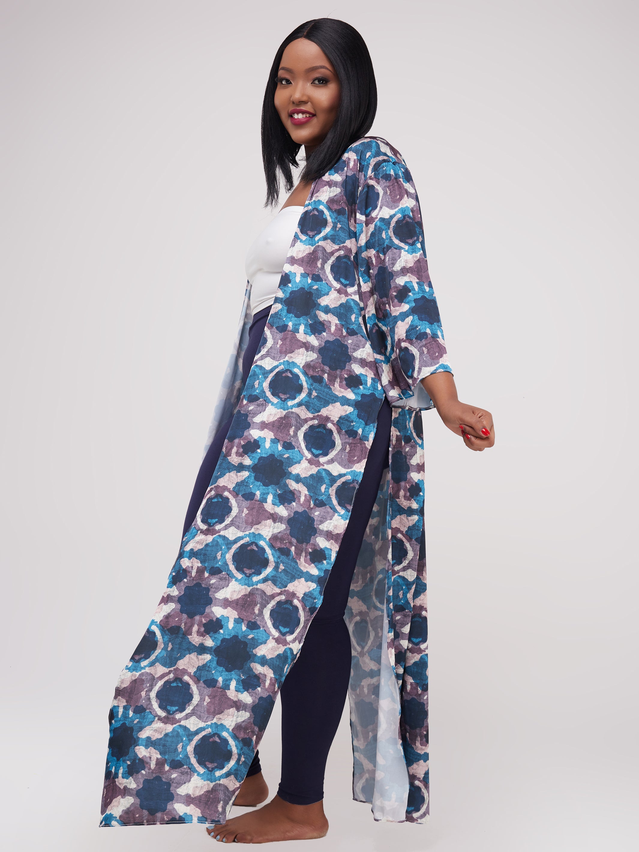 Zoya Essentials Long Satin Kimono -  Blue Batik