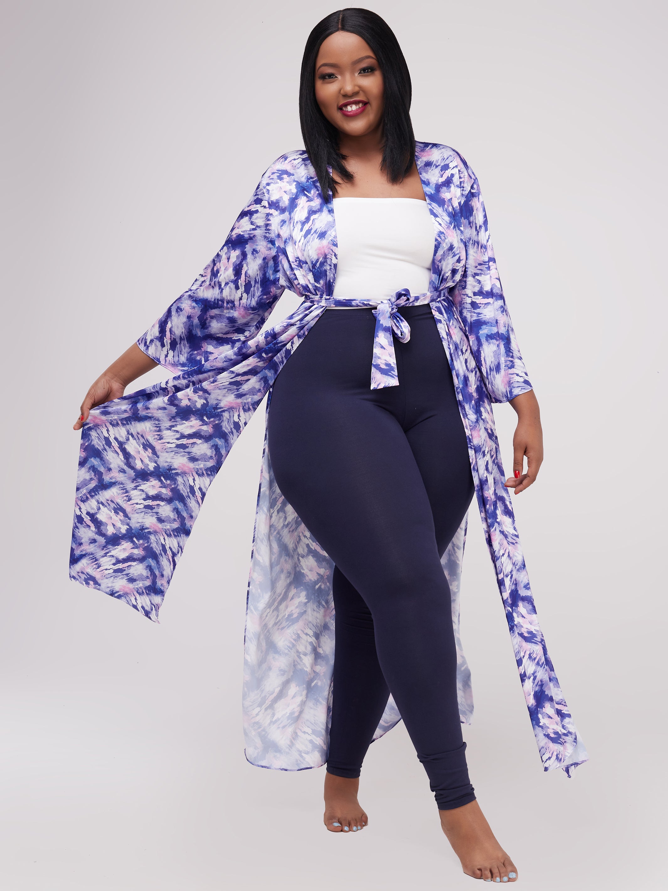 Zoya Essentials Long Satin Kimono -  Purple Abstract