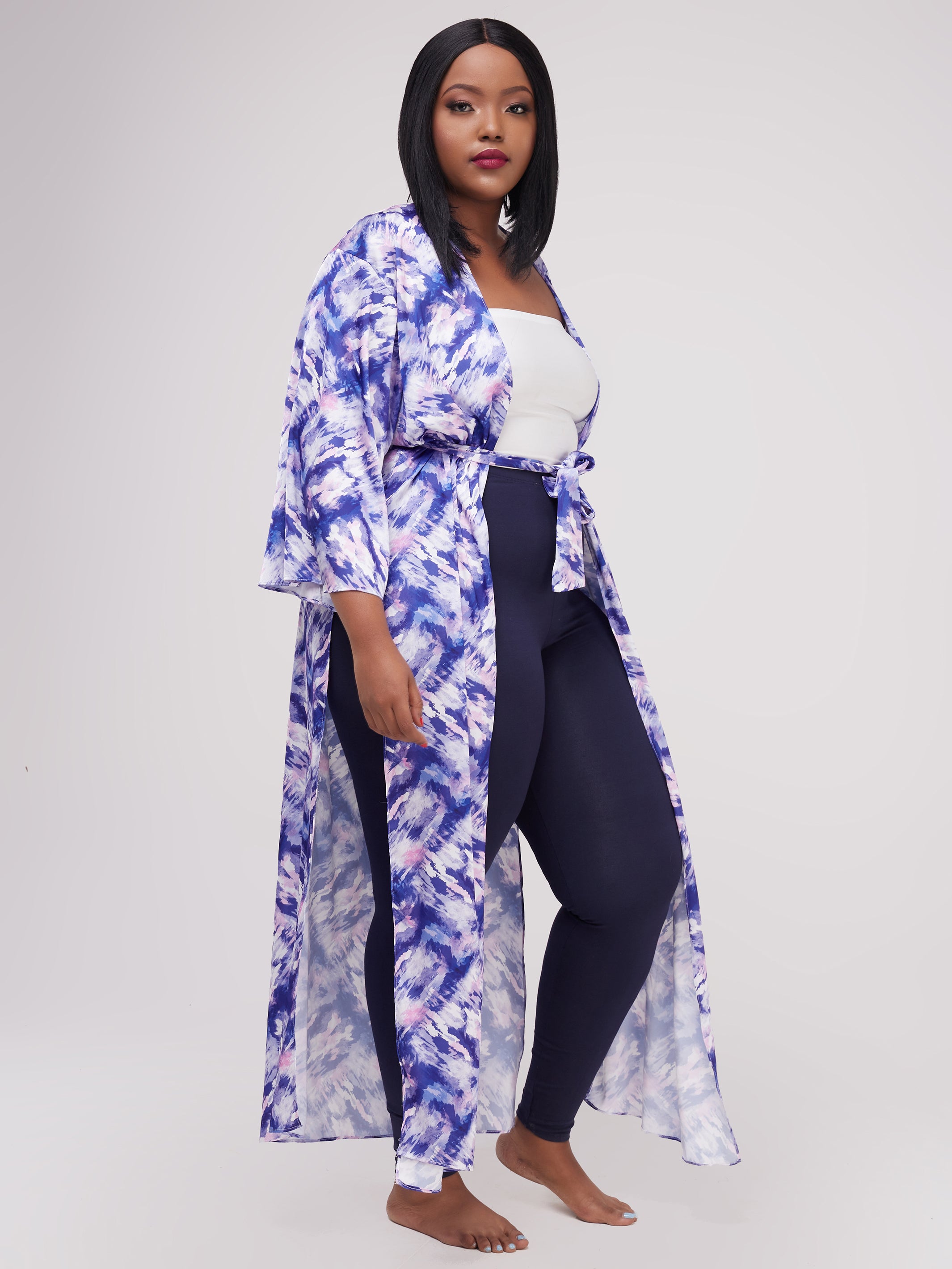 Zoya Essentials Long Satin Kimono -  Purple Abstract