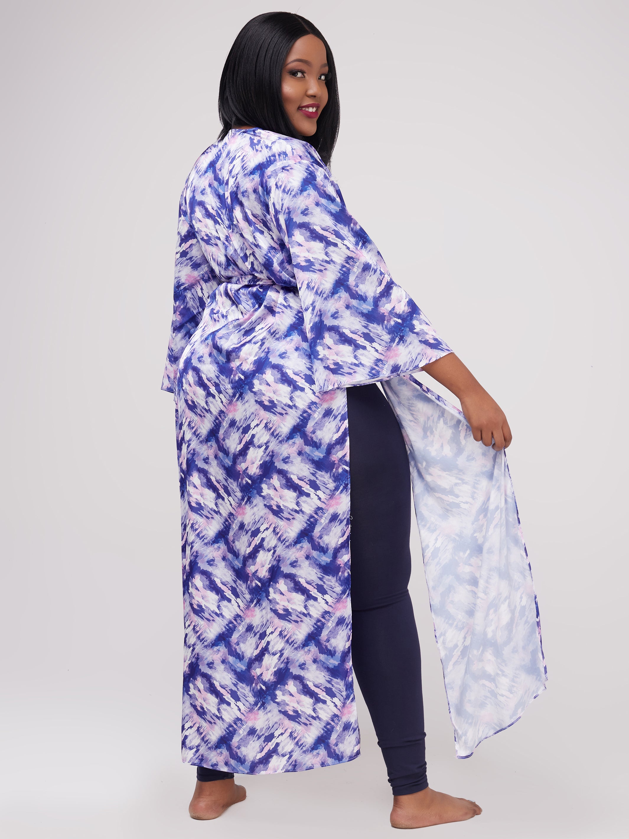 Zoya Essentials Long Satin Kimono -  Purple Abstract