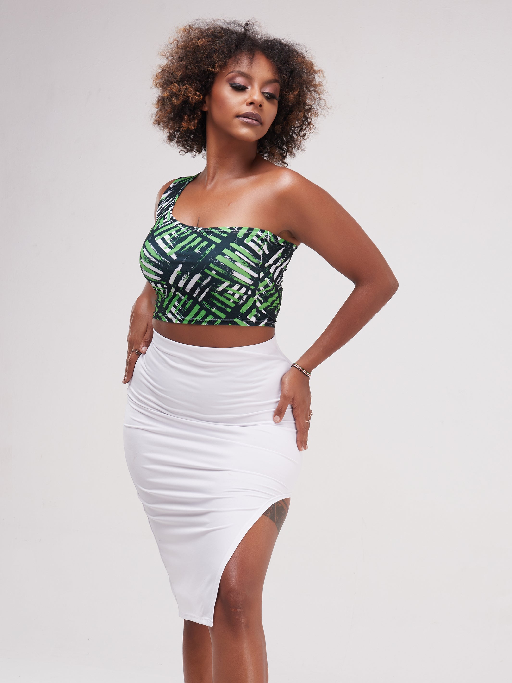 Zoya Essentials One Shoulder Crop Top - Green Abstract