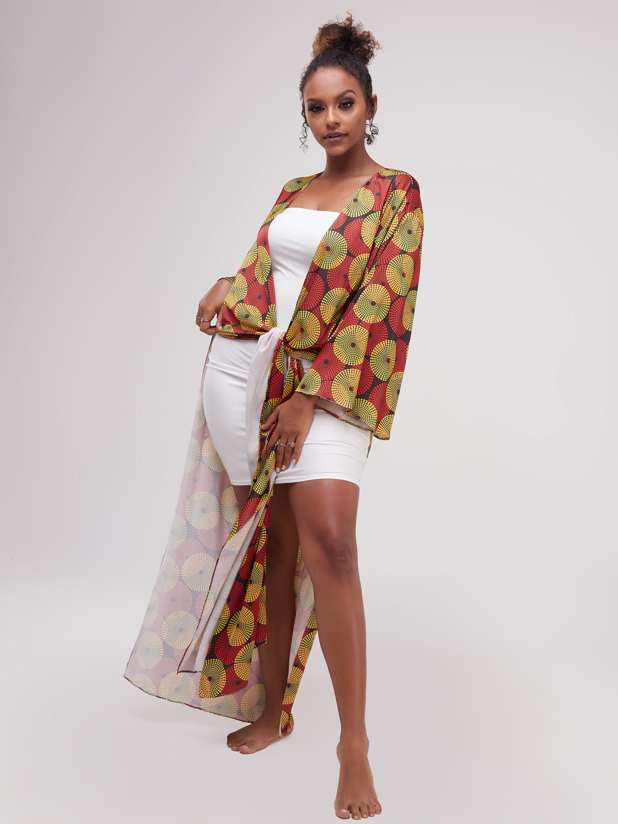 Zoya Essentials Long Satin Kimono -  Yellow Ankara