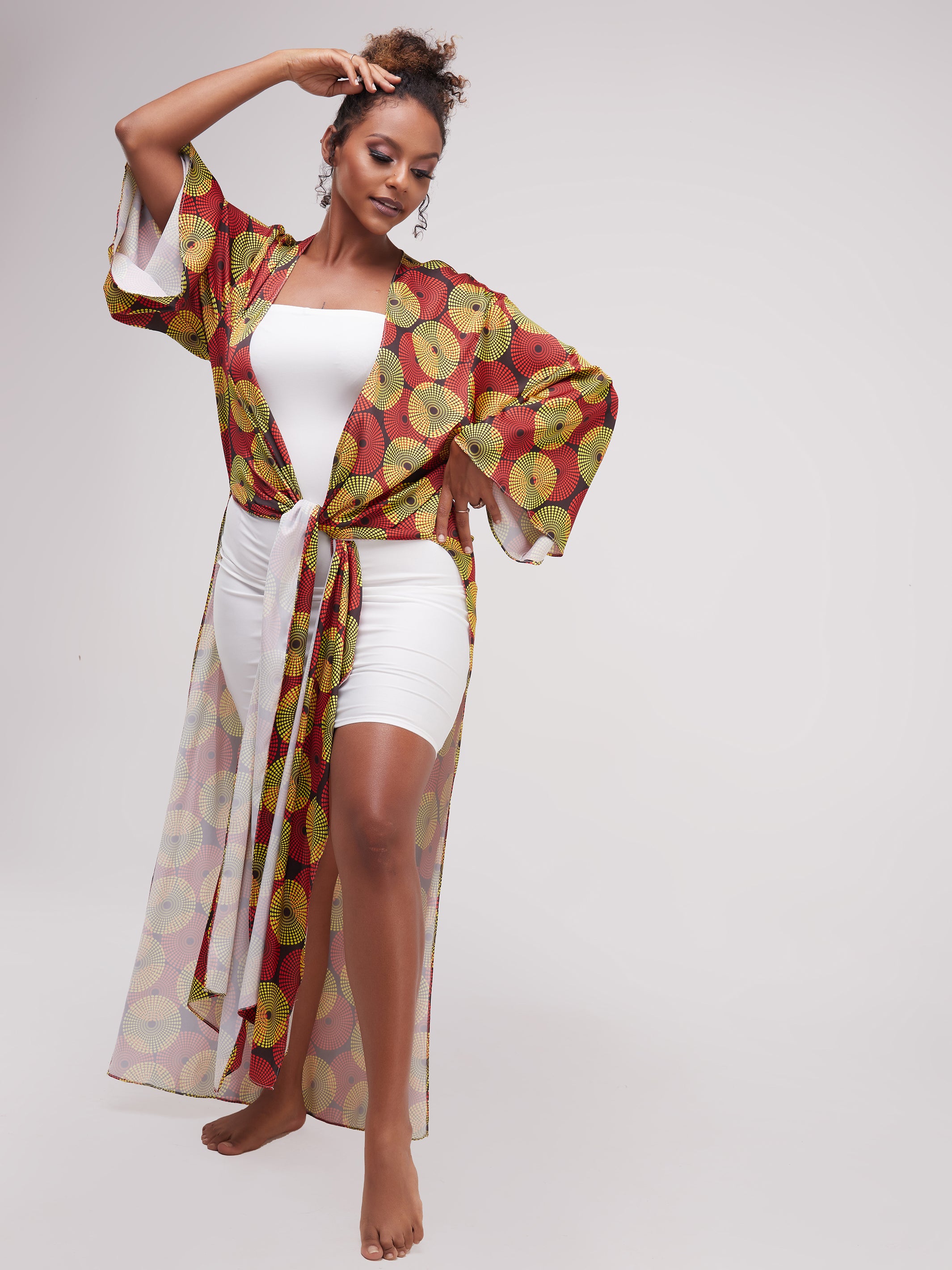 Zoya Essentials Long Satin Kimono -  Yellow Ankara