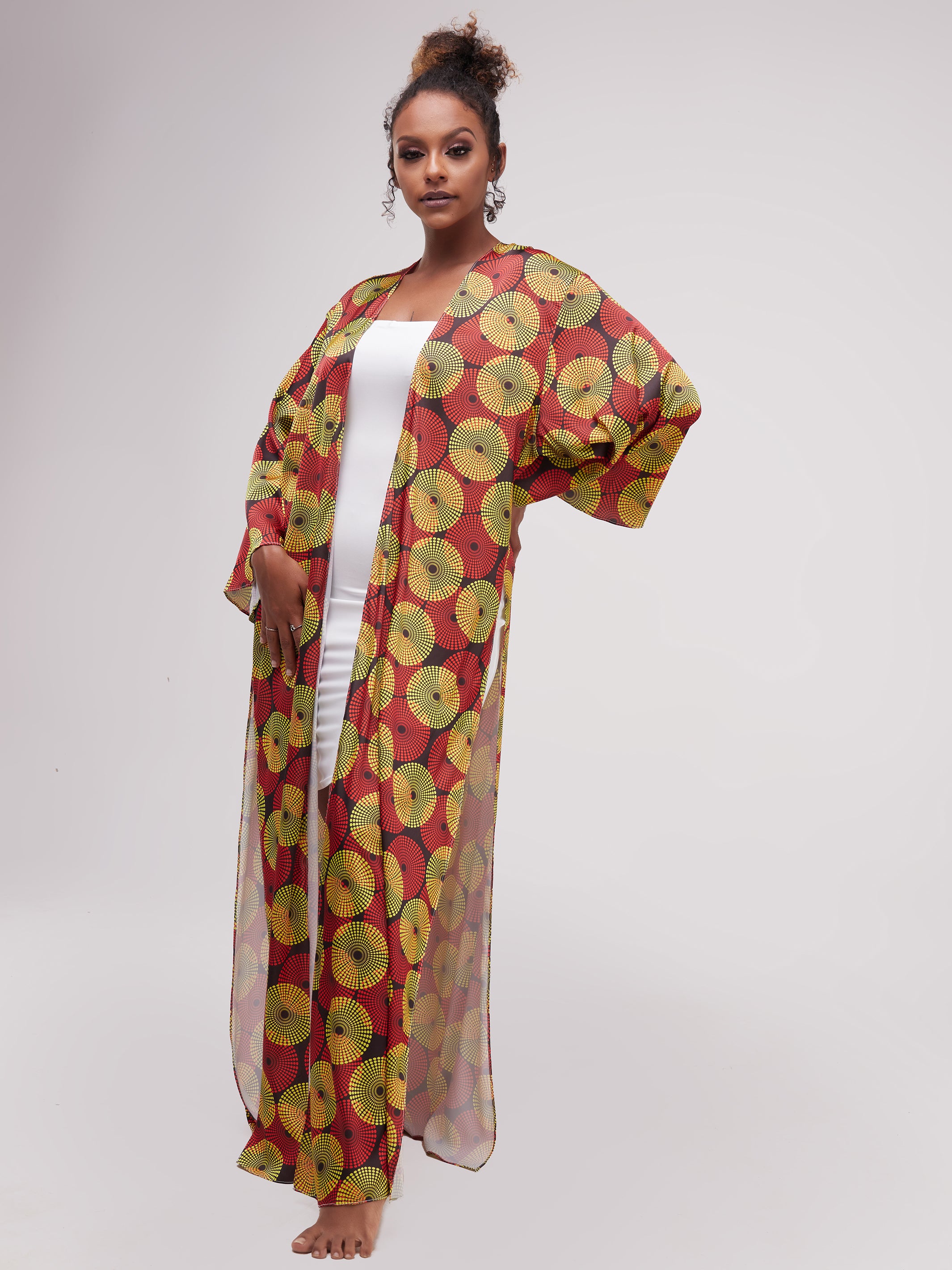 Zoya Essentials Long Satin Kimono -  Yellow Ankara