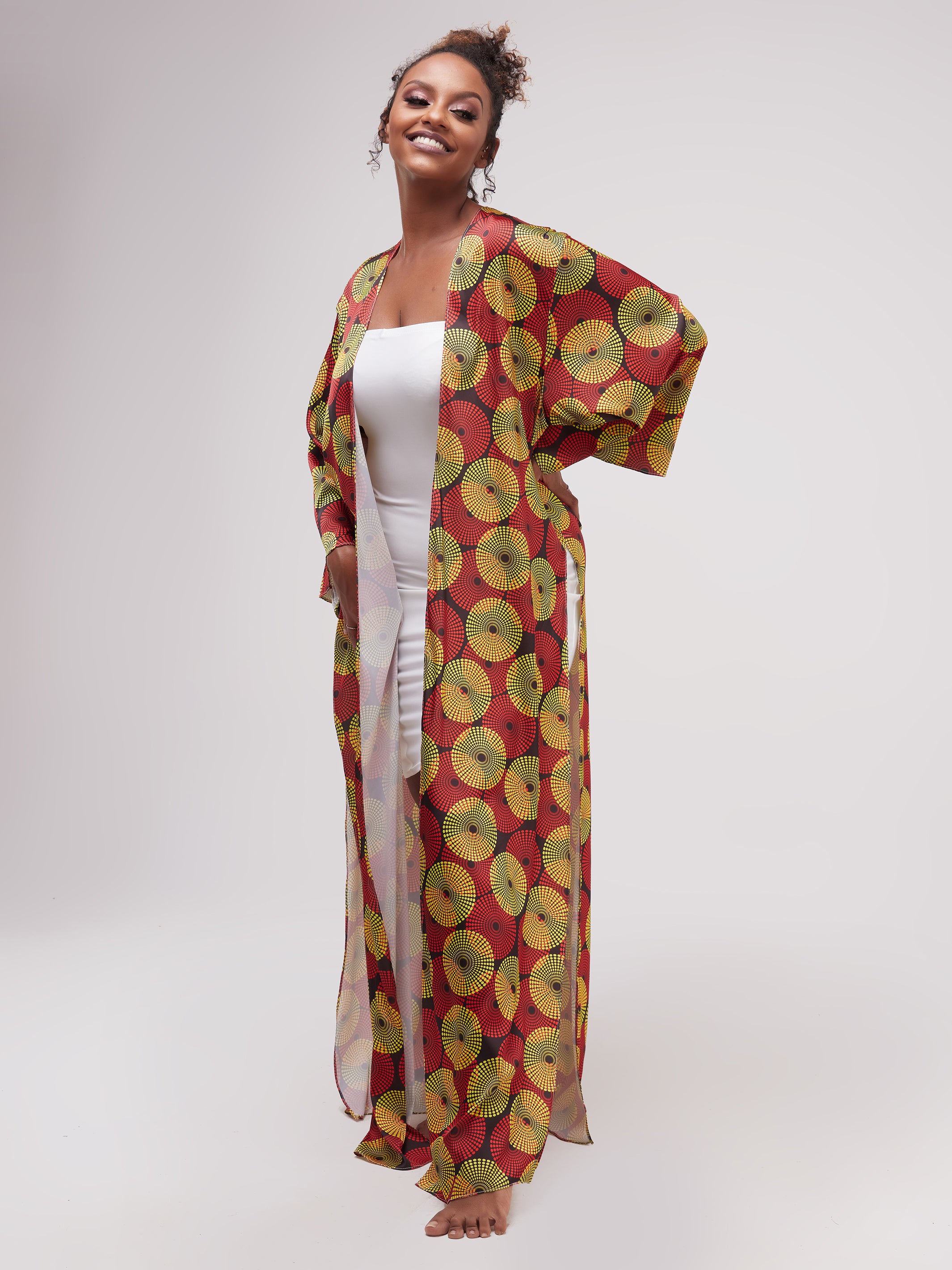 Zoya Essentials Long Satin Kimono -  Yellow Ankara