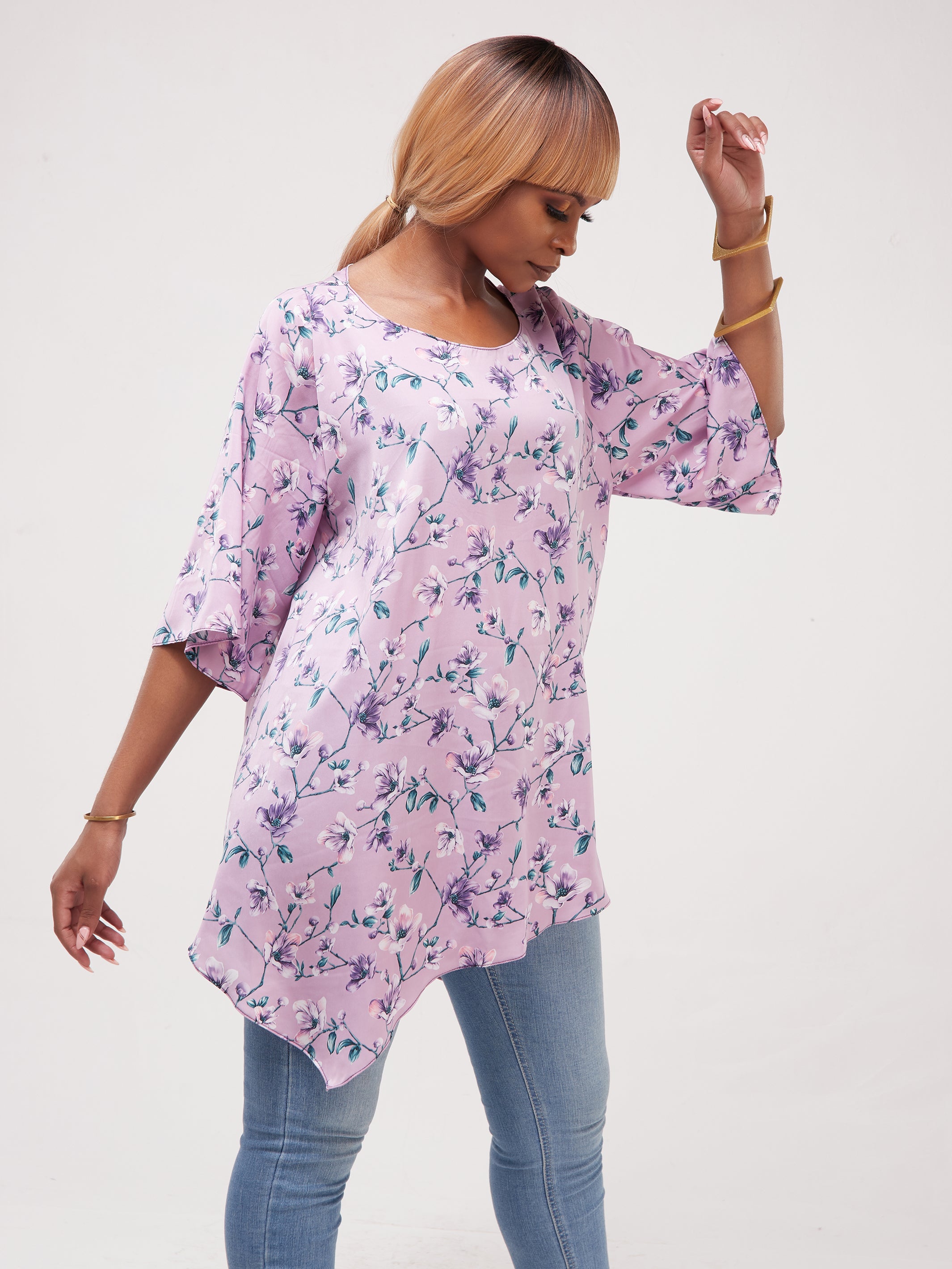 Vivo Asymmetric Angel Satin Top - Purple Print