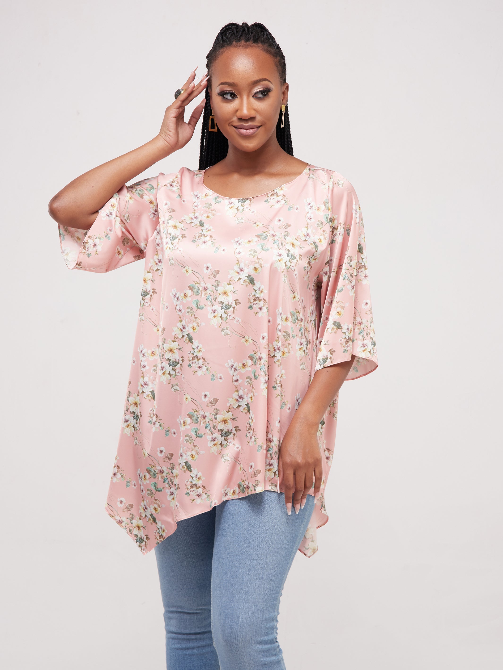 Vivo Asymmetric Angel Satin Top - Peach Print