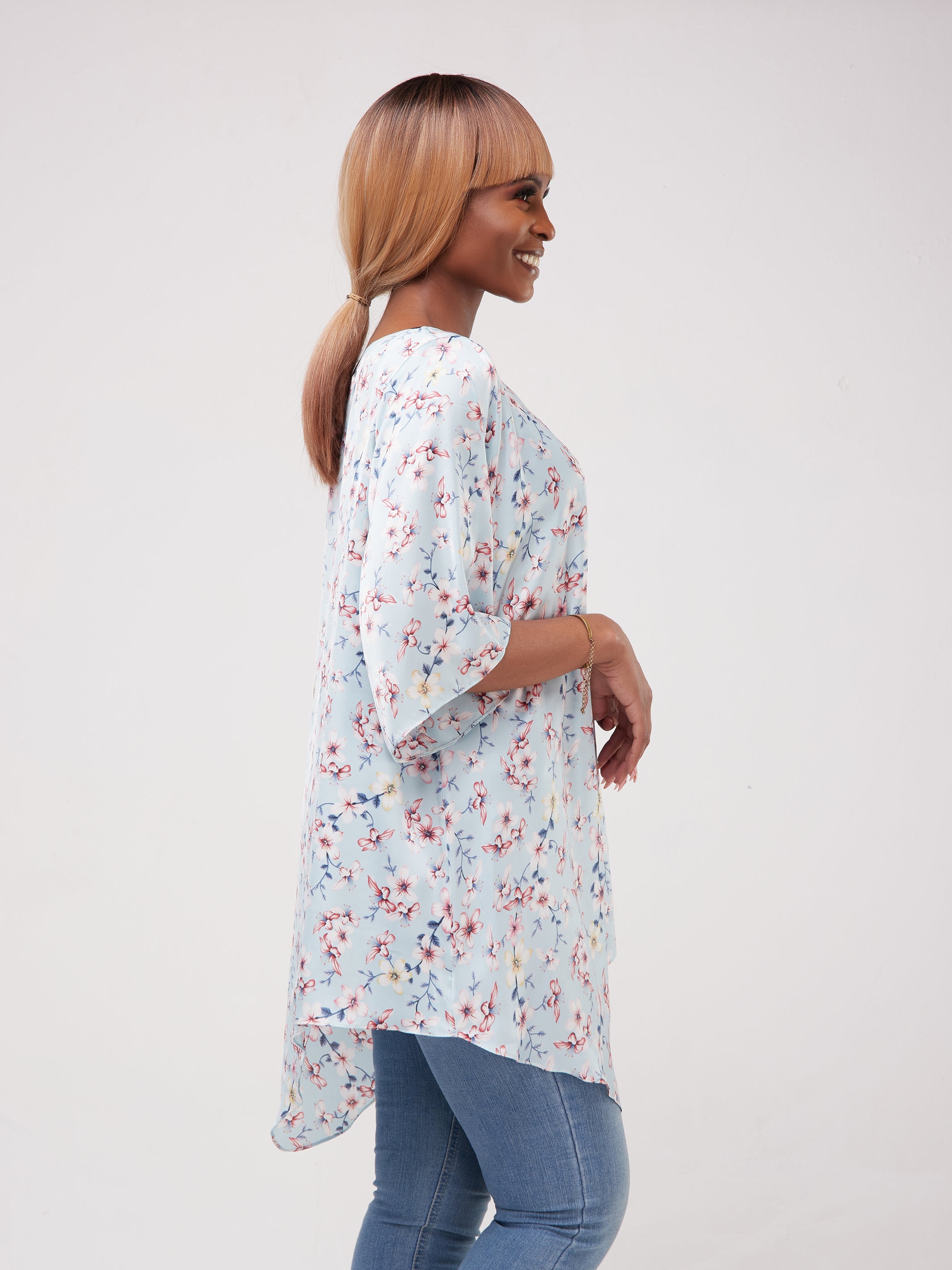 Vivo Asymmetric Angel Satin Top - Light Blue / Pink Print