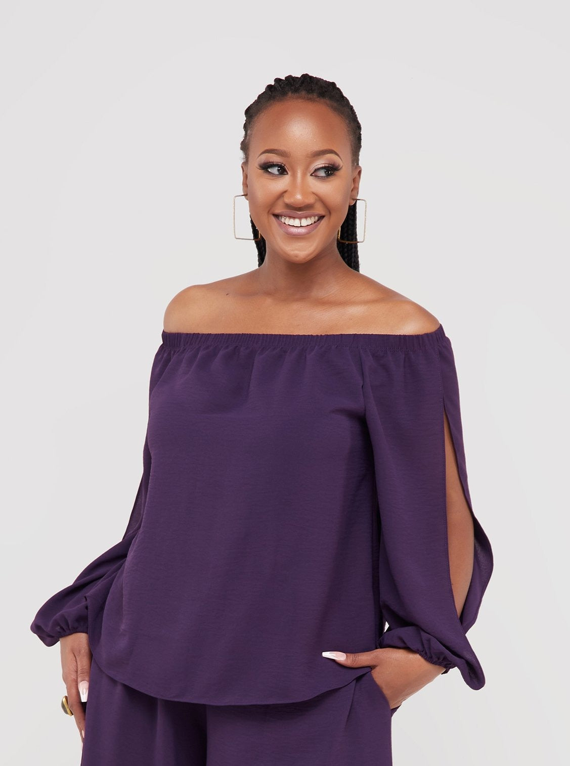 Vivo Dayo Off Shoulder Split Sleeve Short Top - Purple