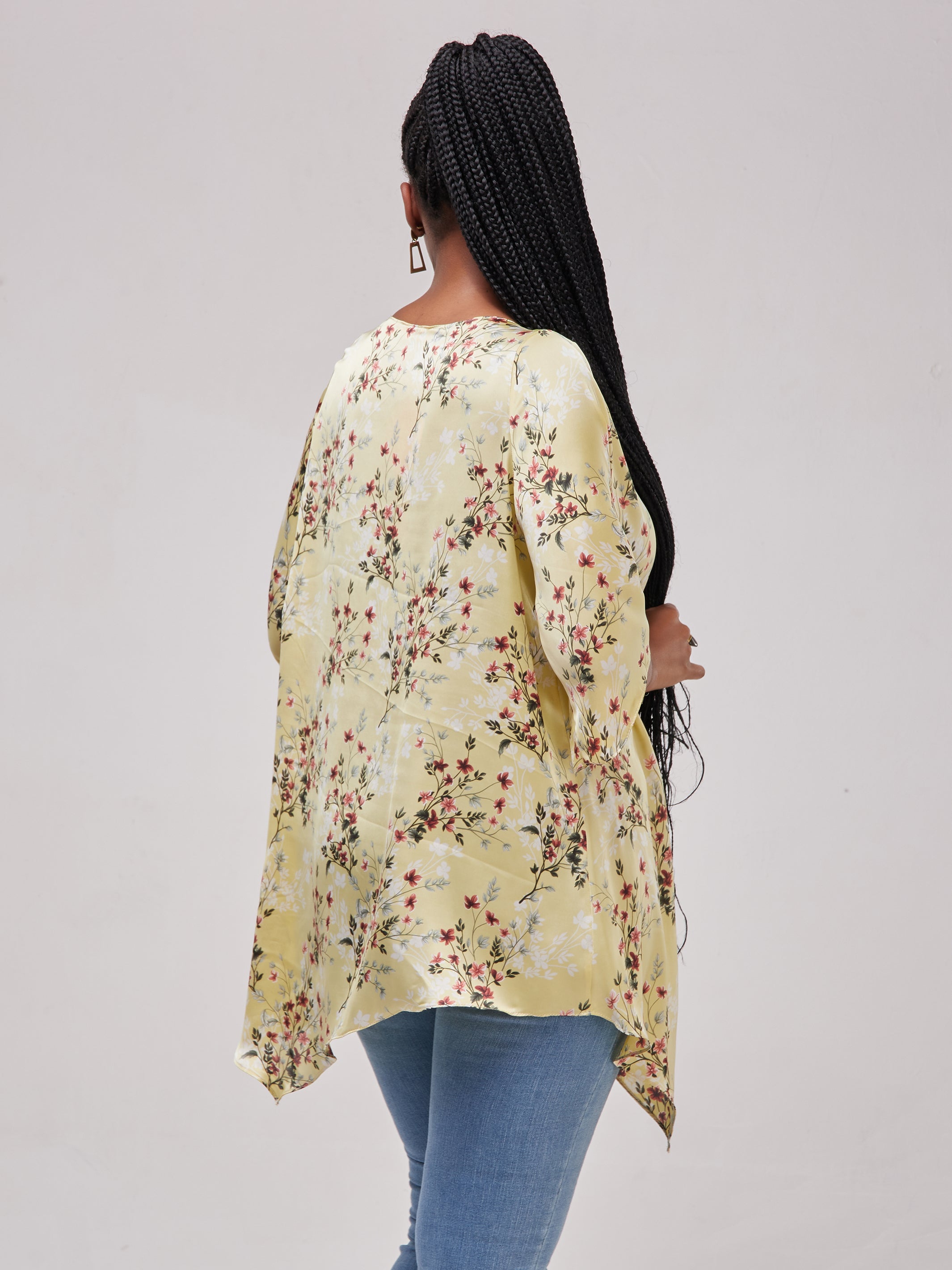 Vivo Asymmetric Angel Satin Top - Yellow / Burgundy Print
