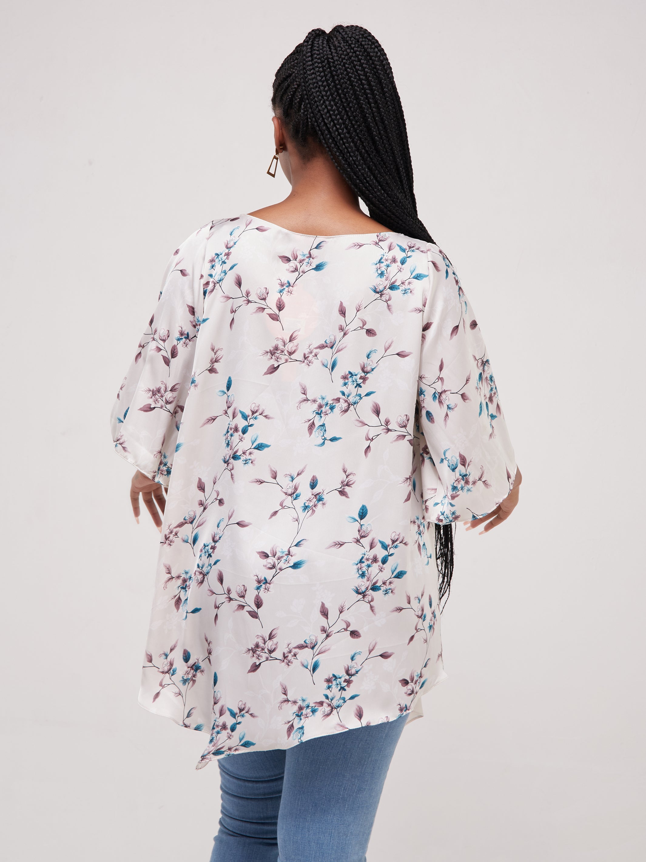 Vivo Asymmetric Angel Satin Top - Off White / Purple Print