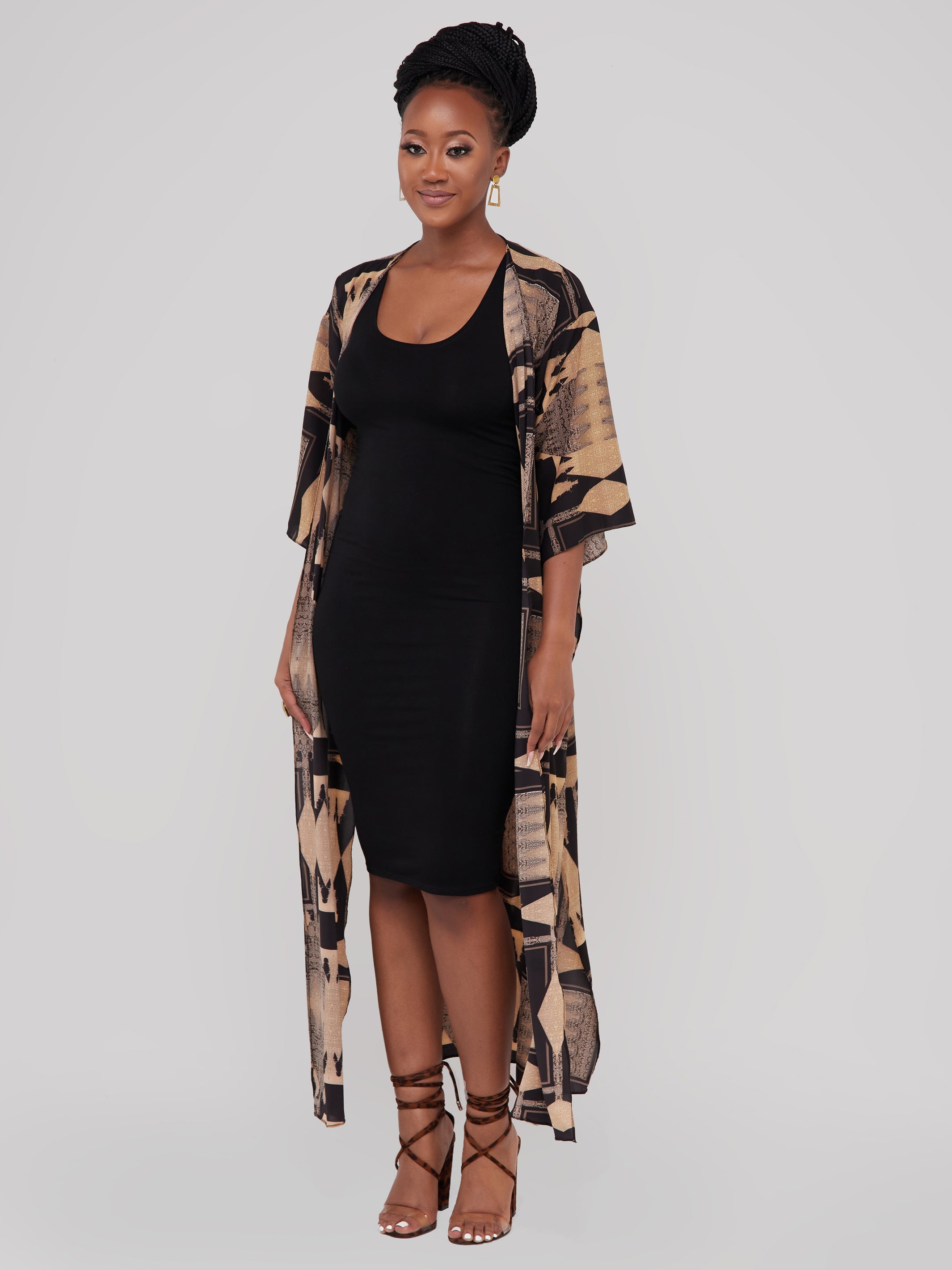 Safari Maisha High Slit Kimono - Black / Taupe Print