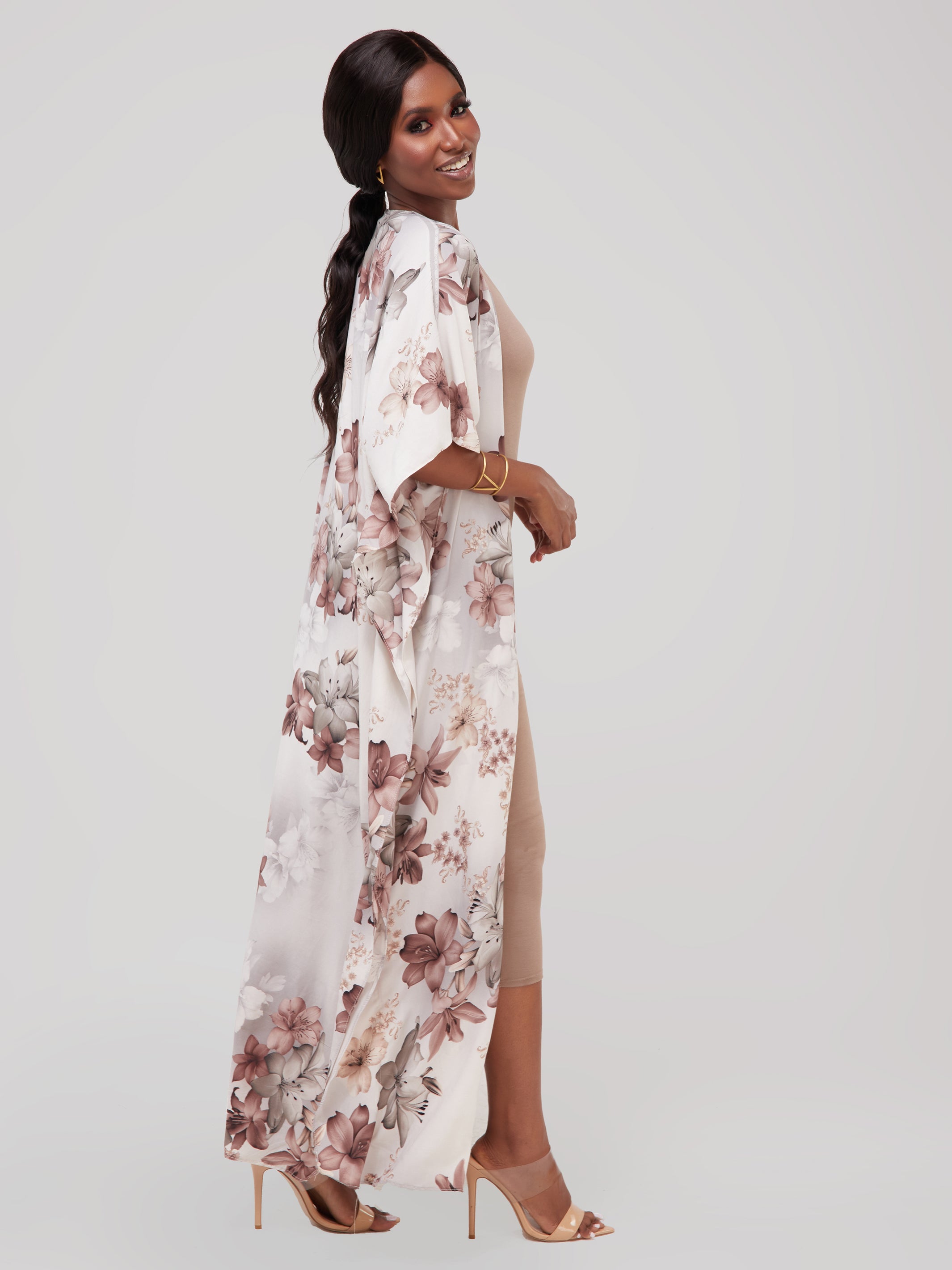 Safari Maisha Maxi Kimono Cover-Up - Brown Floral Print