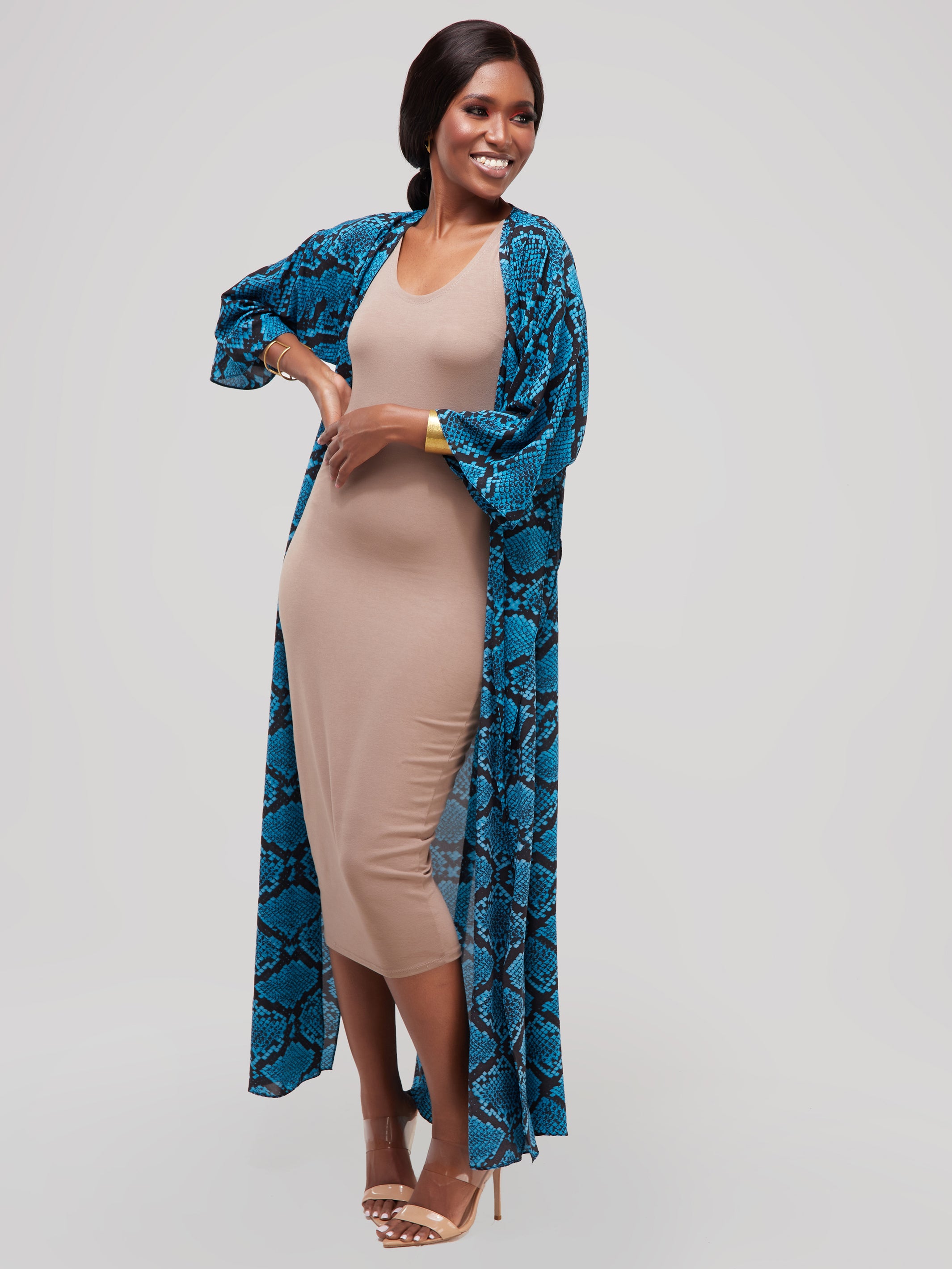 Safari Maisha High Slit Kimono - Blue / Black Print