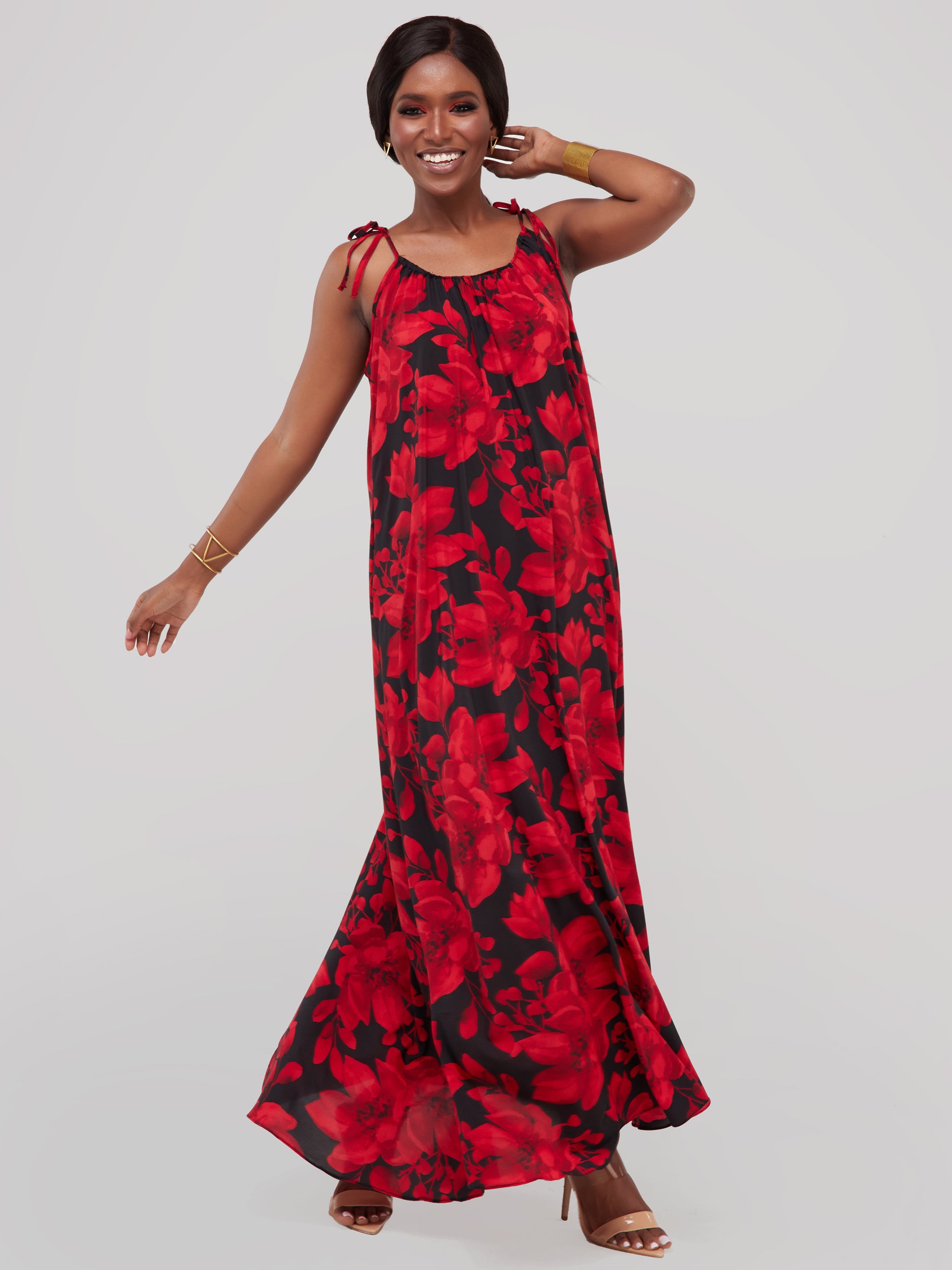 Safari Maisha Strappy Maxi Cover-Up Dress - Black / Red Print
