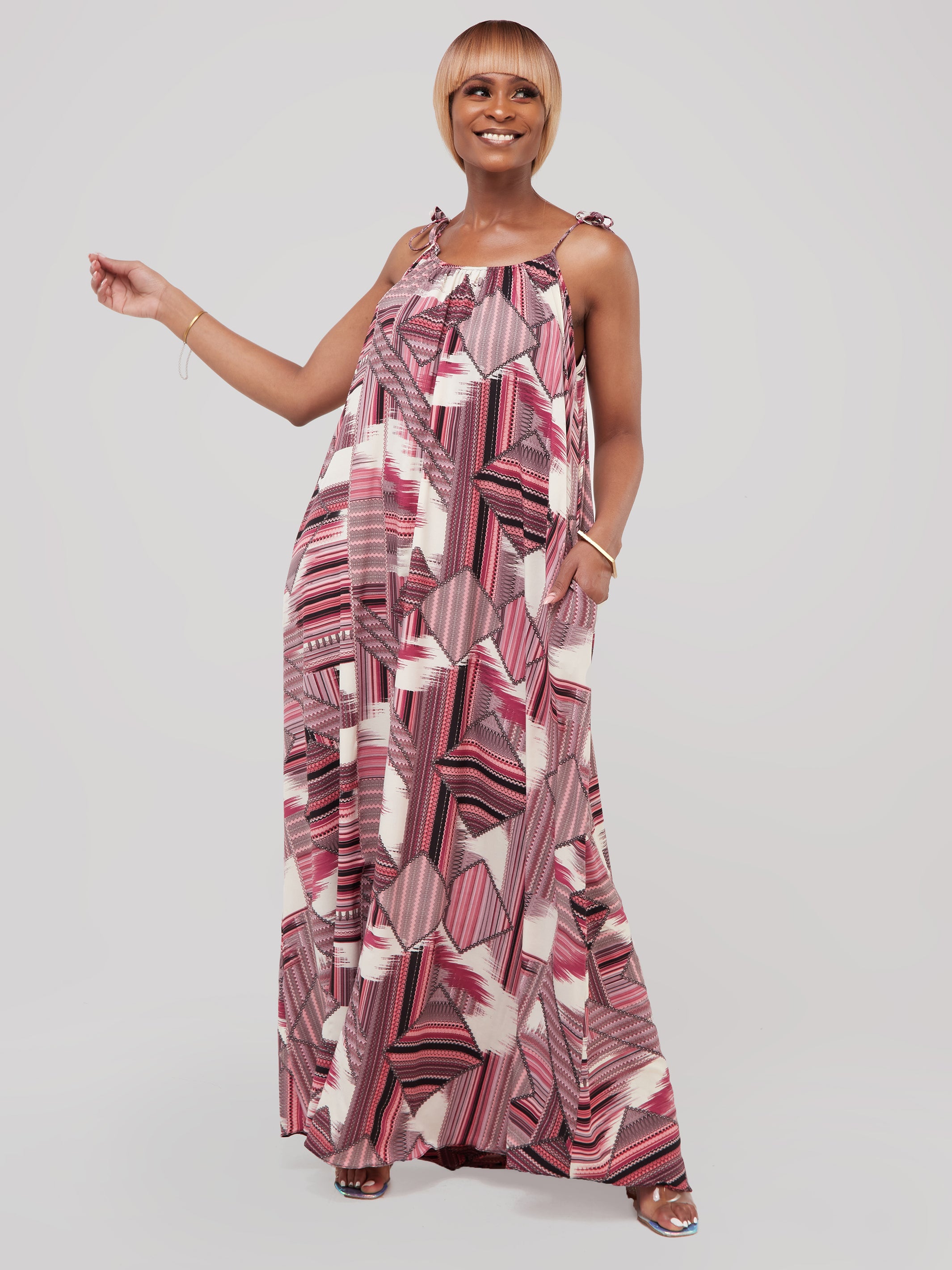 Safari Maisha Strappy Maxi Cover-Up Dress - Pink Geometric Print