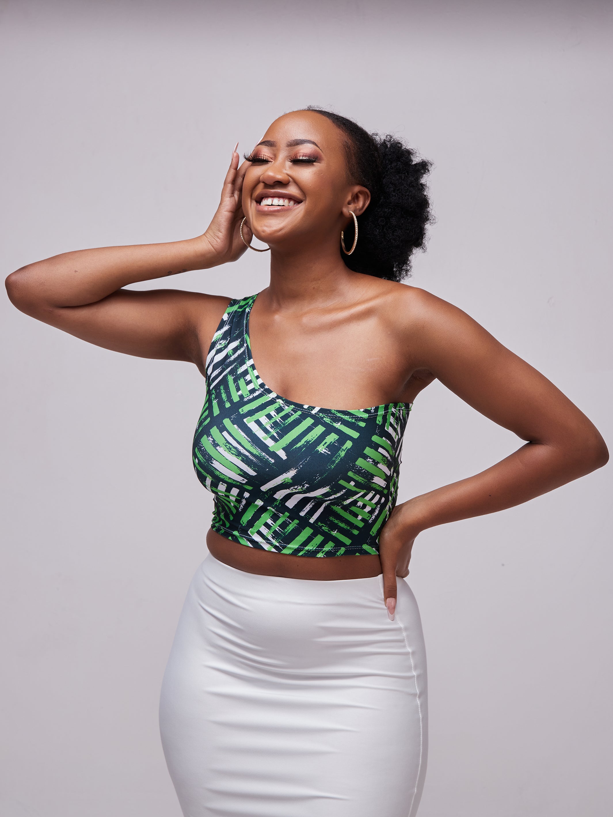 Zoya Essentials One Shoulder Crop Top - Green Abstract