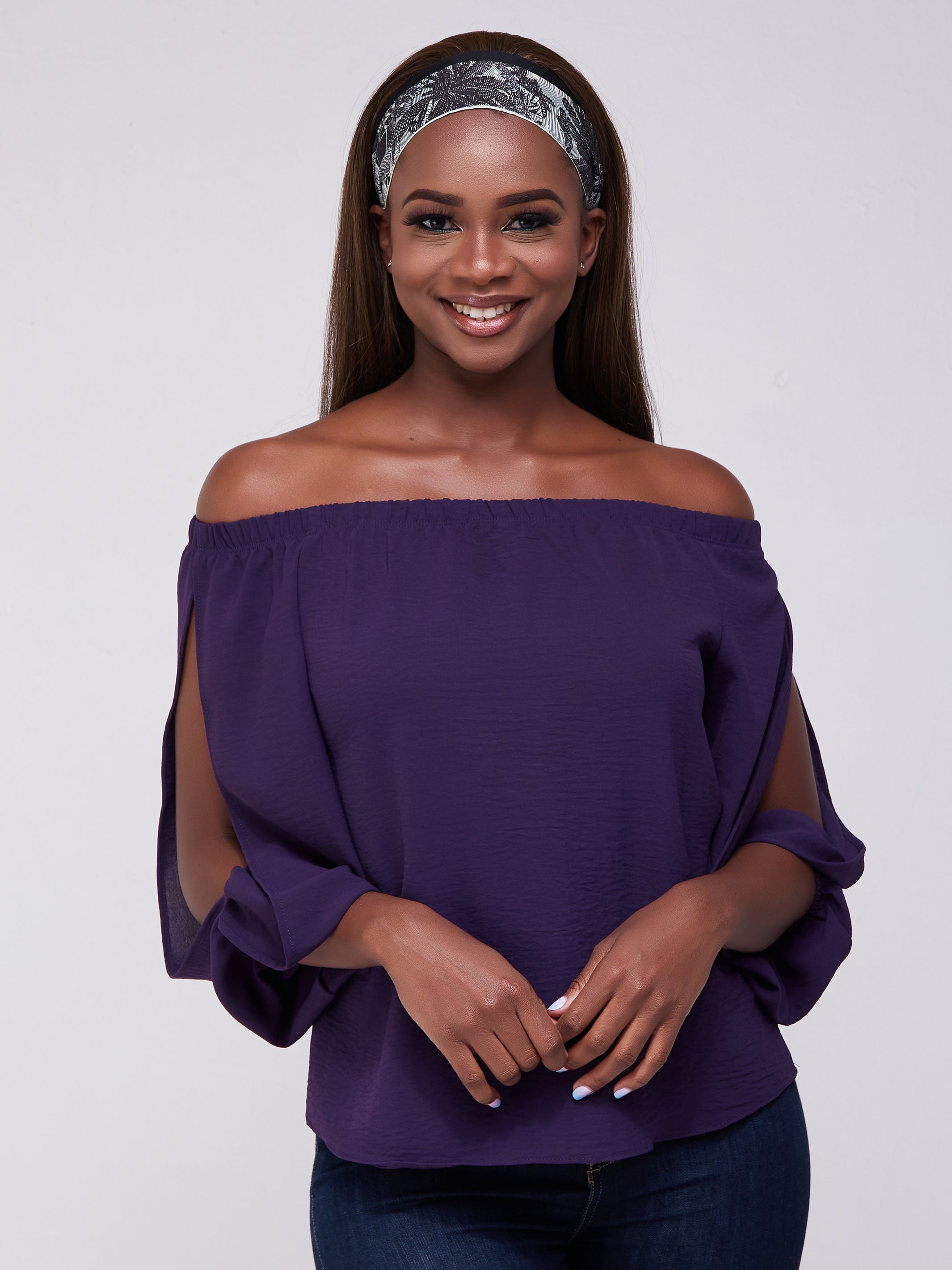 Vivo Dayo Off Shoulder Split Sleeve Short Top - Purple