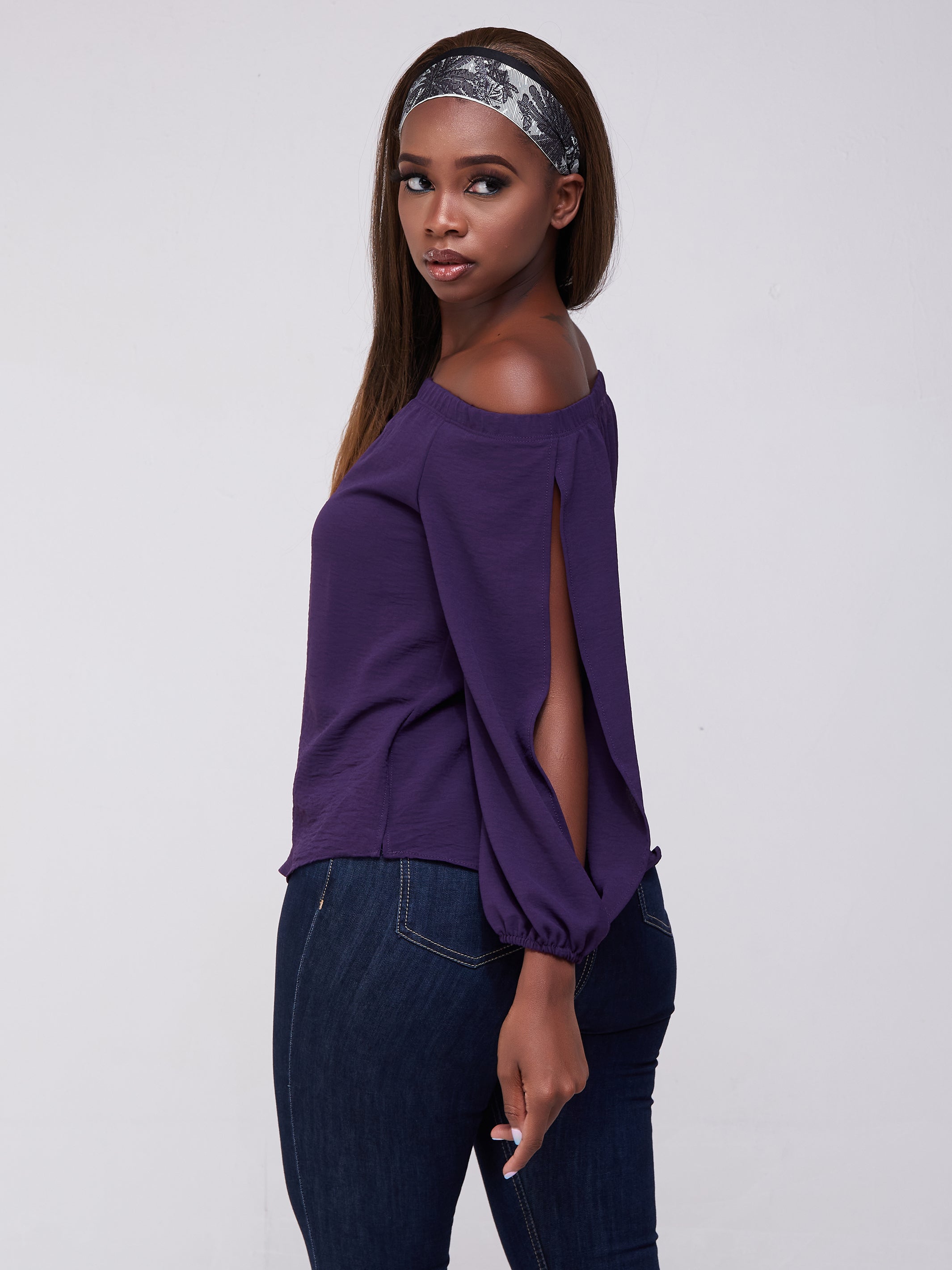 Vivo Dayo Off Shoulder Split Sleeve Short Top - Purple