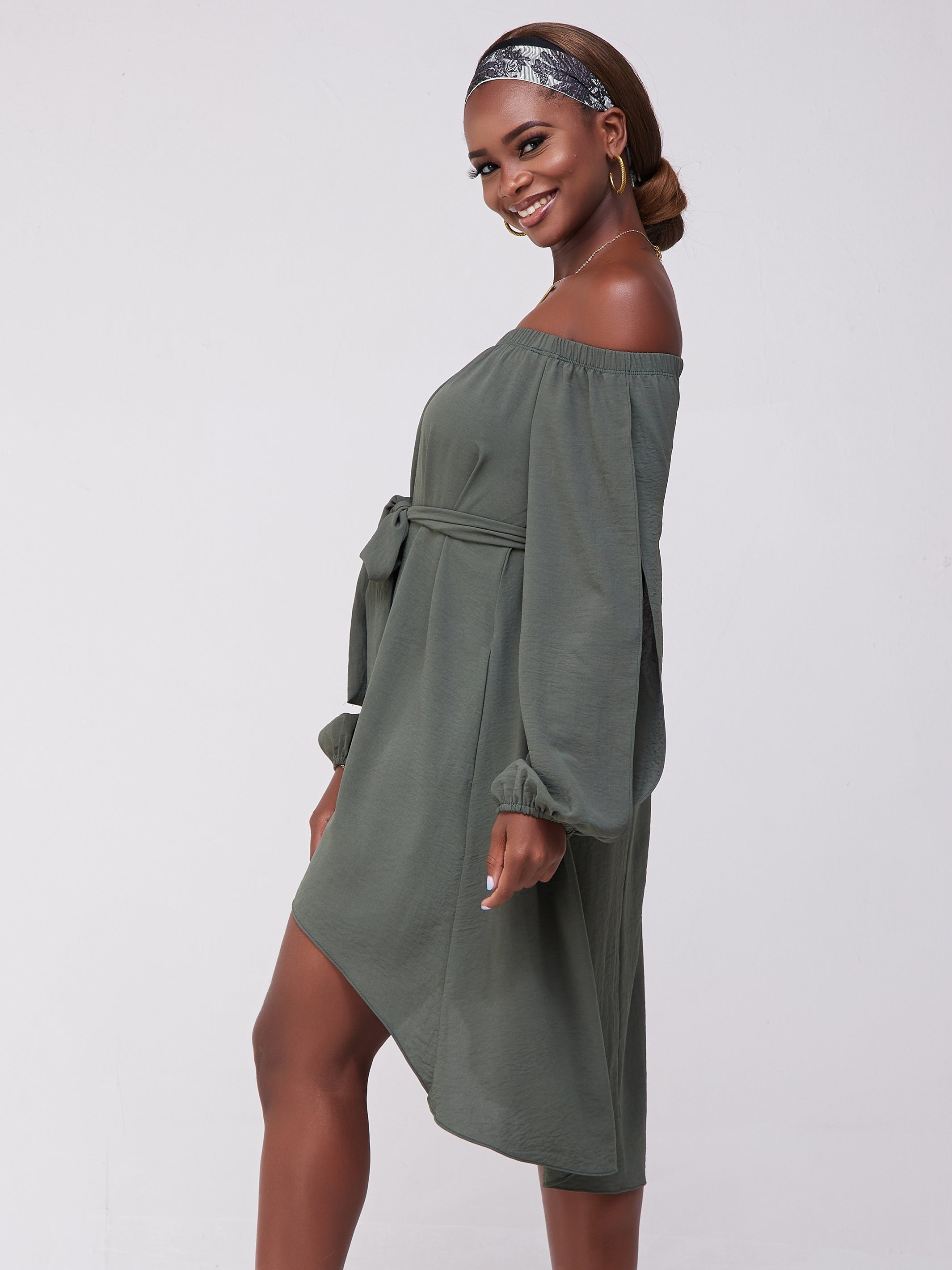 Vivo Dayo Off Shoulder Split Sleeve Hi-Low Top - Hunters Green